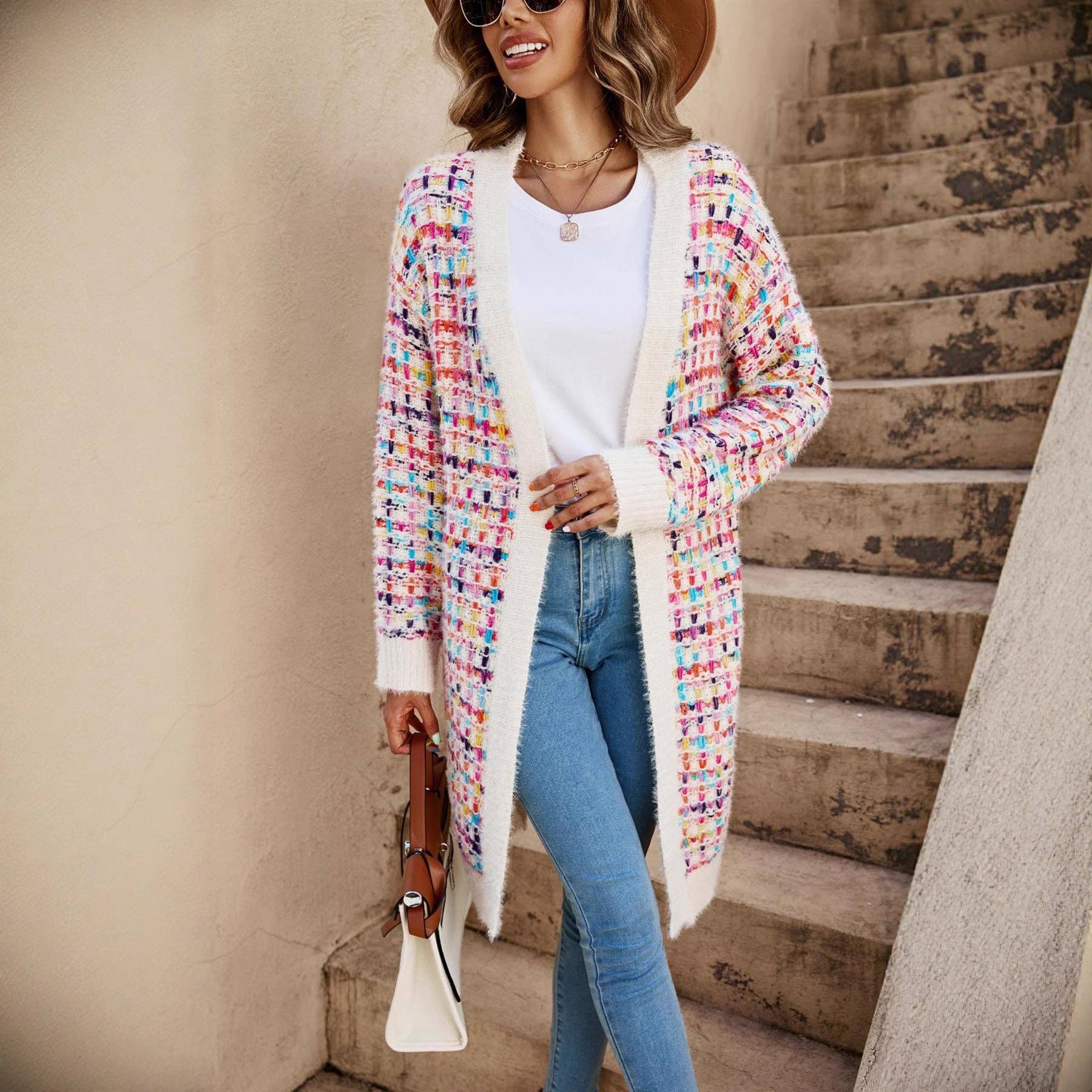 Apricot Color Block V Neck Midi Length Knit Cardigan