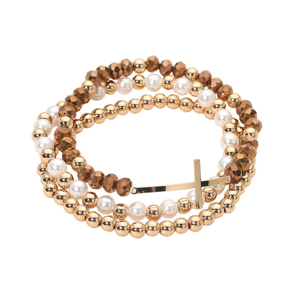 3PCS - Cross Charm Pearl Metal Ball Faceted Beaded Stretch Multi Layered Bracelets