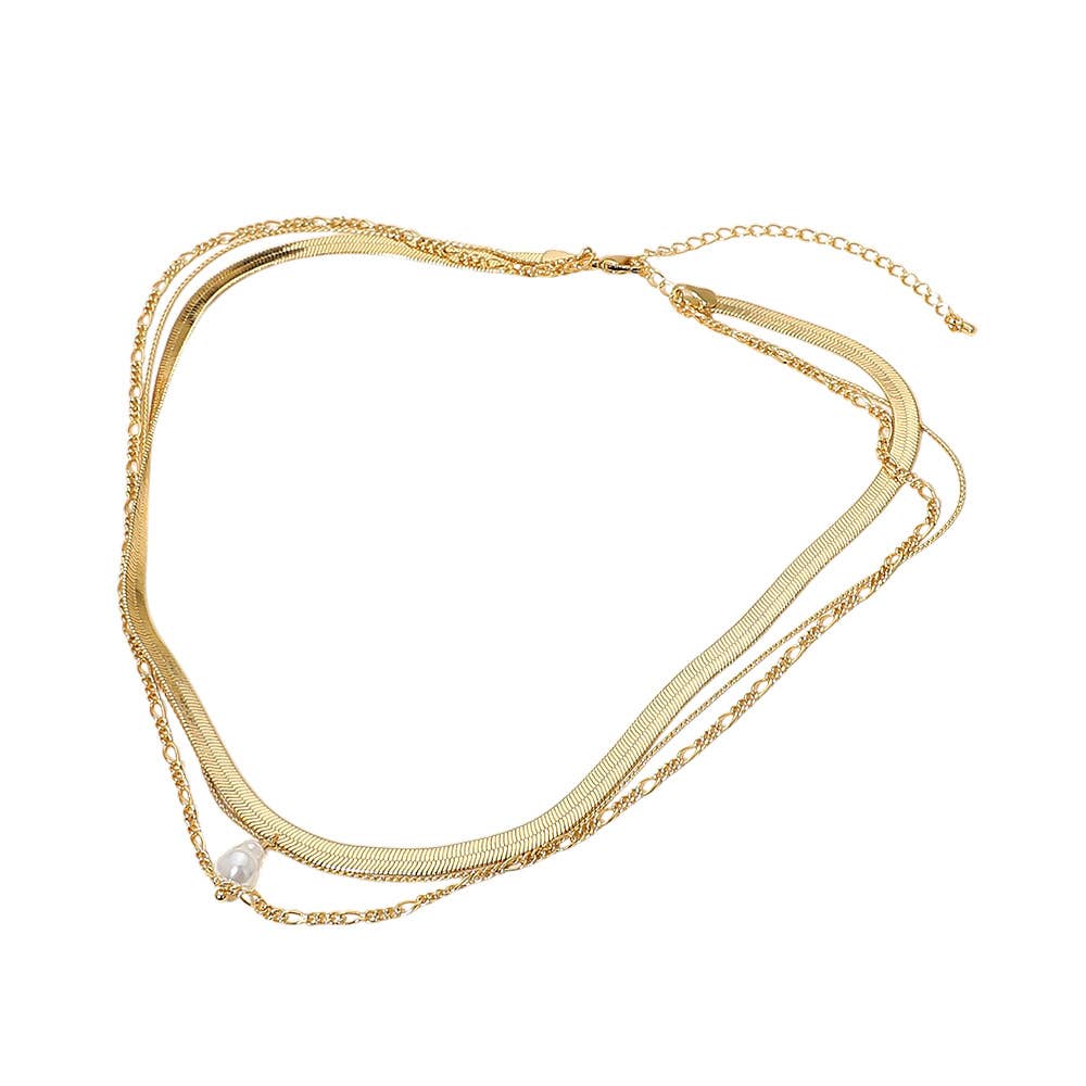 18K Gold Dipped Pearl Accent Herringbone Chain Layered Necklace