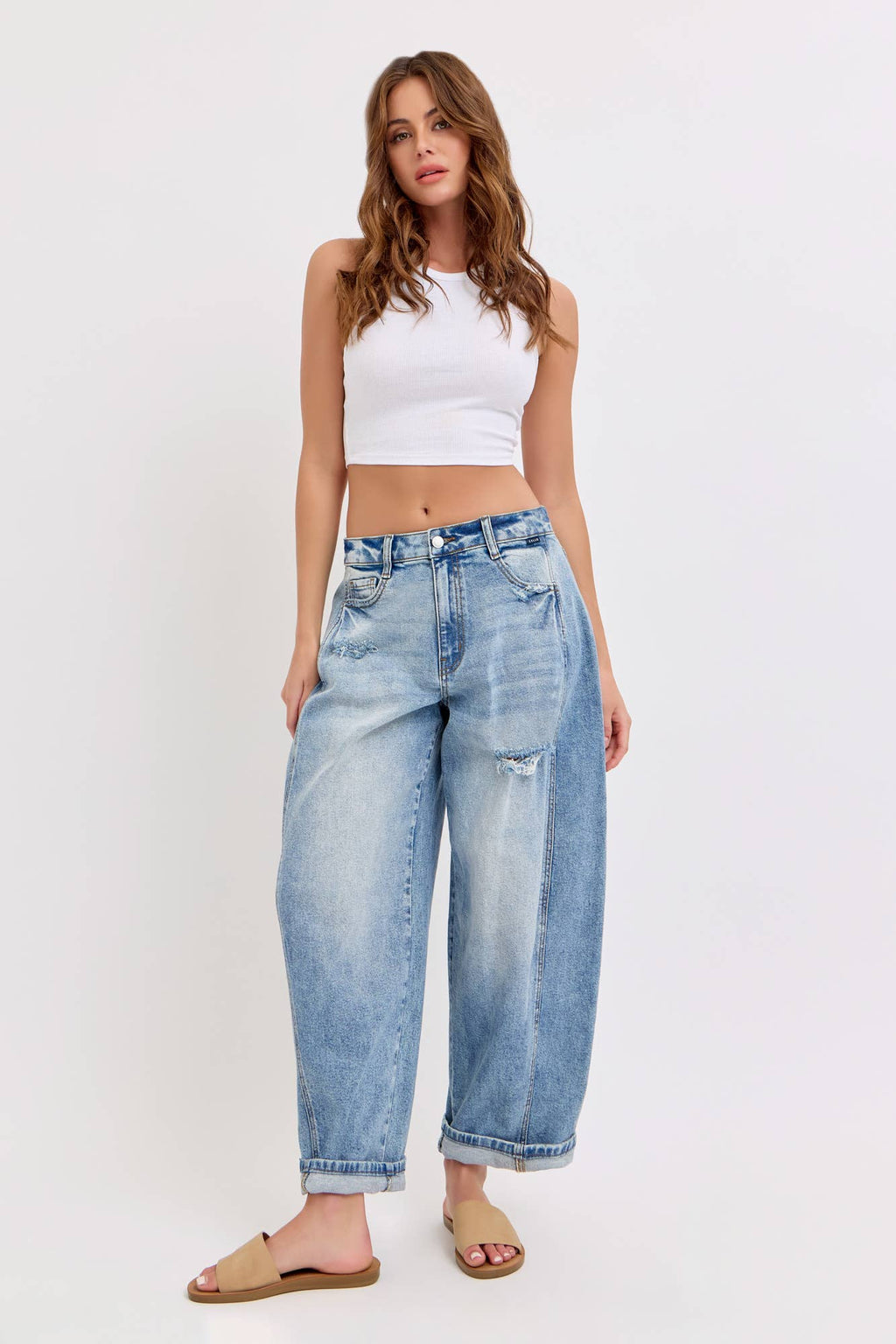 Mid-Waisted Barrel Jeans with Side Panels [WV79502BR-MD]