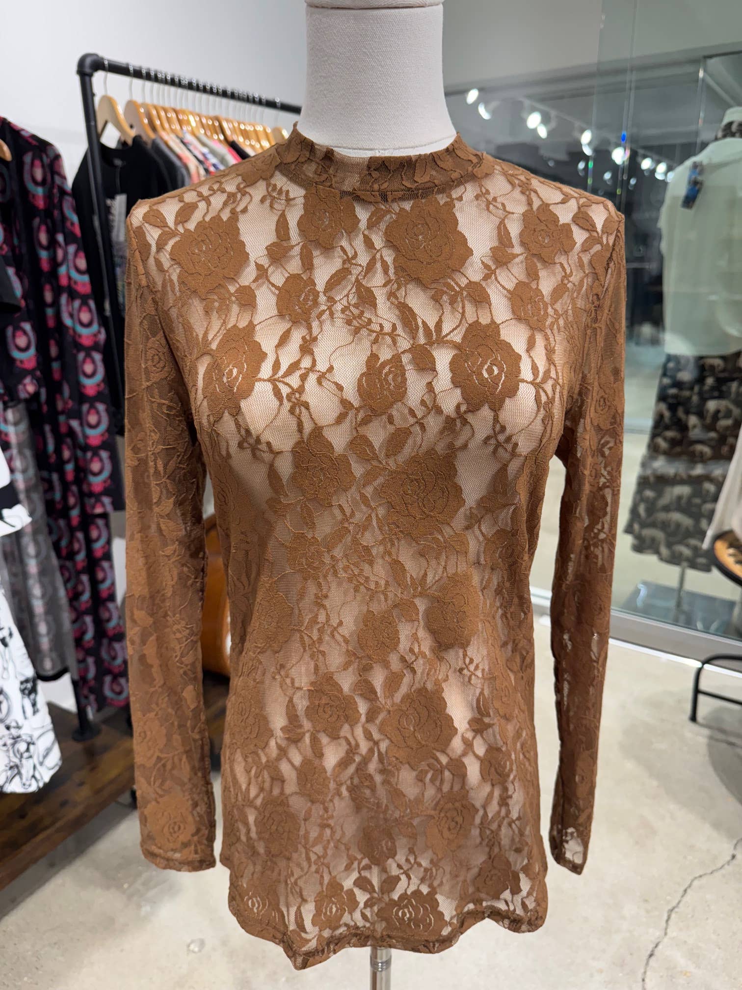 Brown Floral Lace Mesh Long Sleeve Layering Top