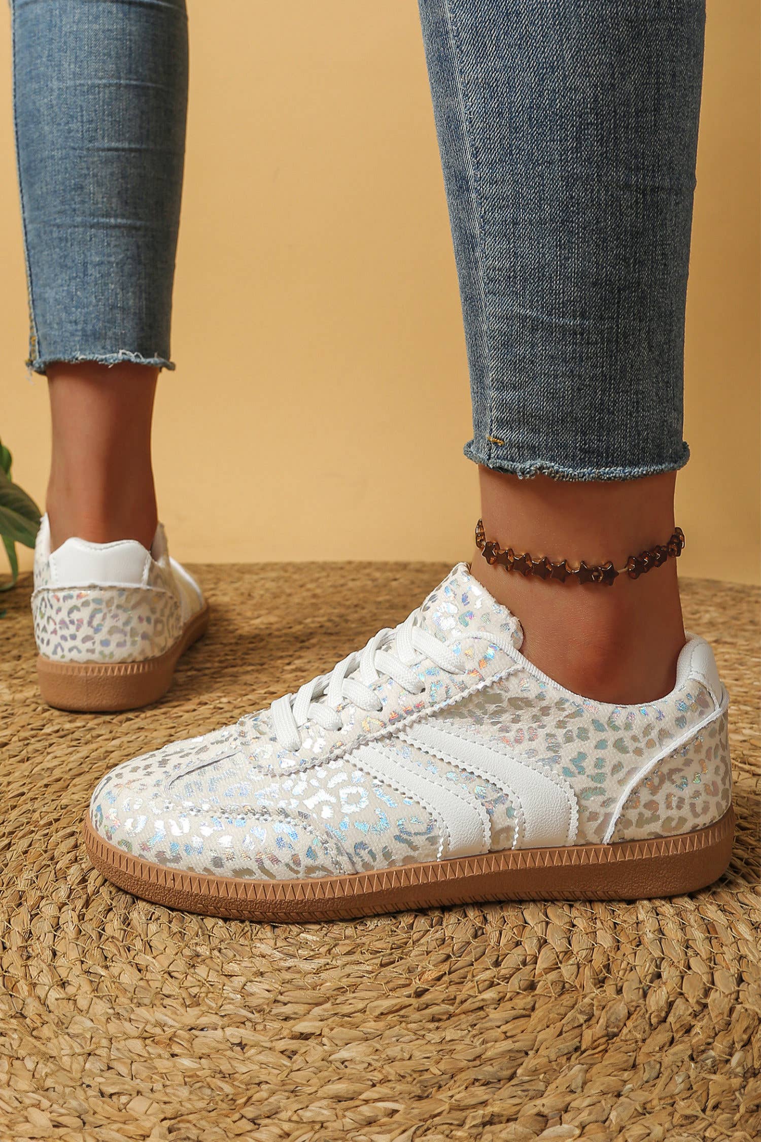 Leather Detail Shimmer Leopard Printed Lace-up Sneakers