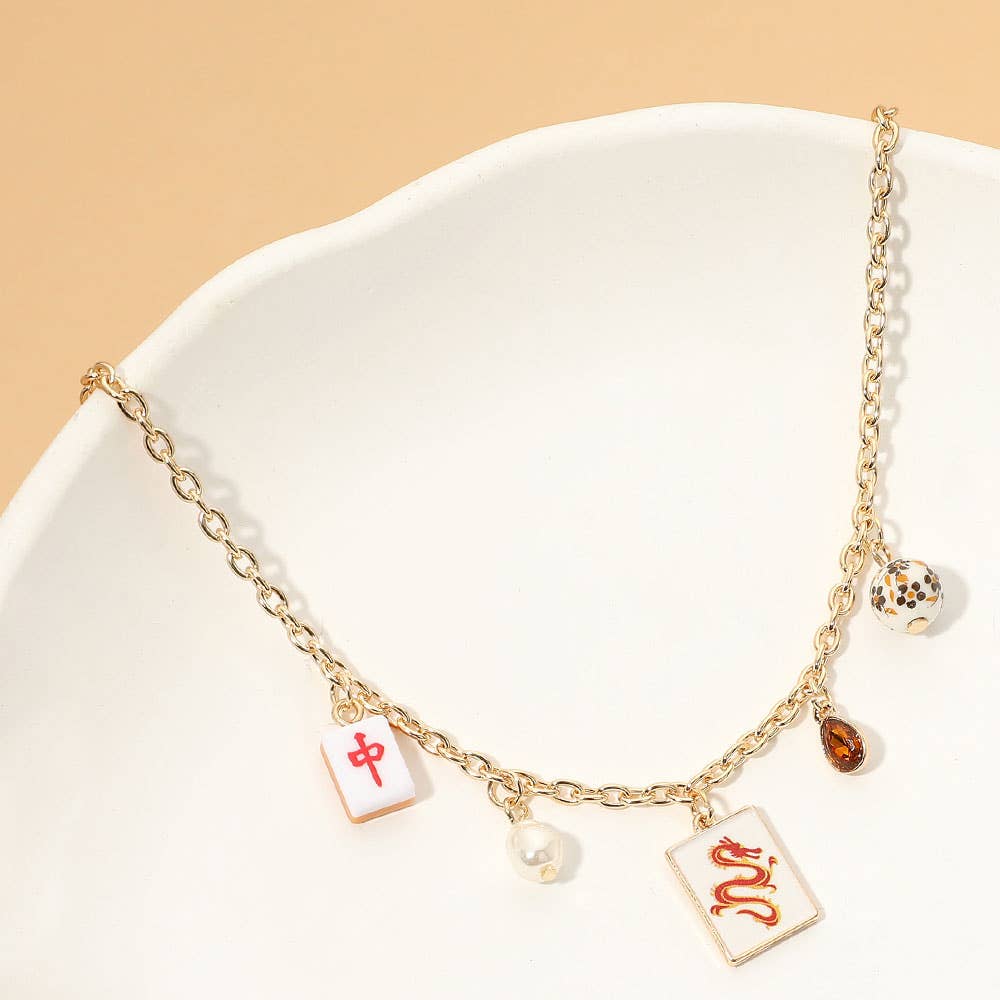 Mahjong Tile Pearl Stone Charm Necklace