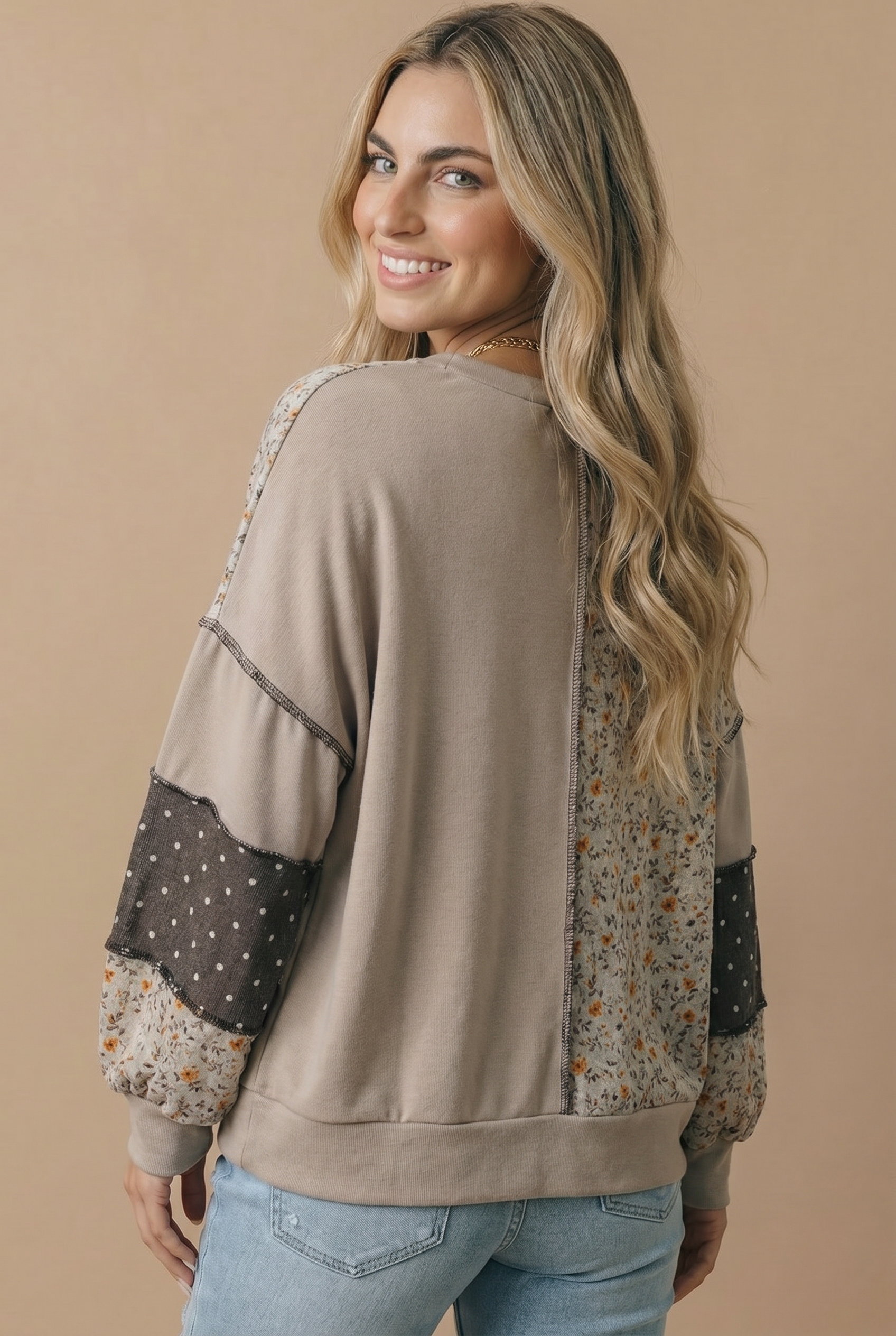 Round Neck Mixed Print Patchwork Pullover