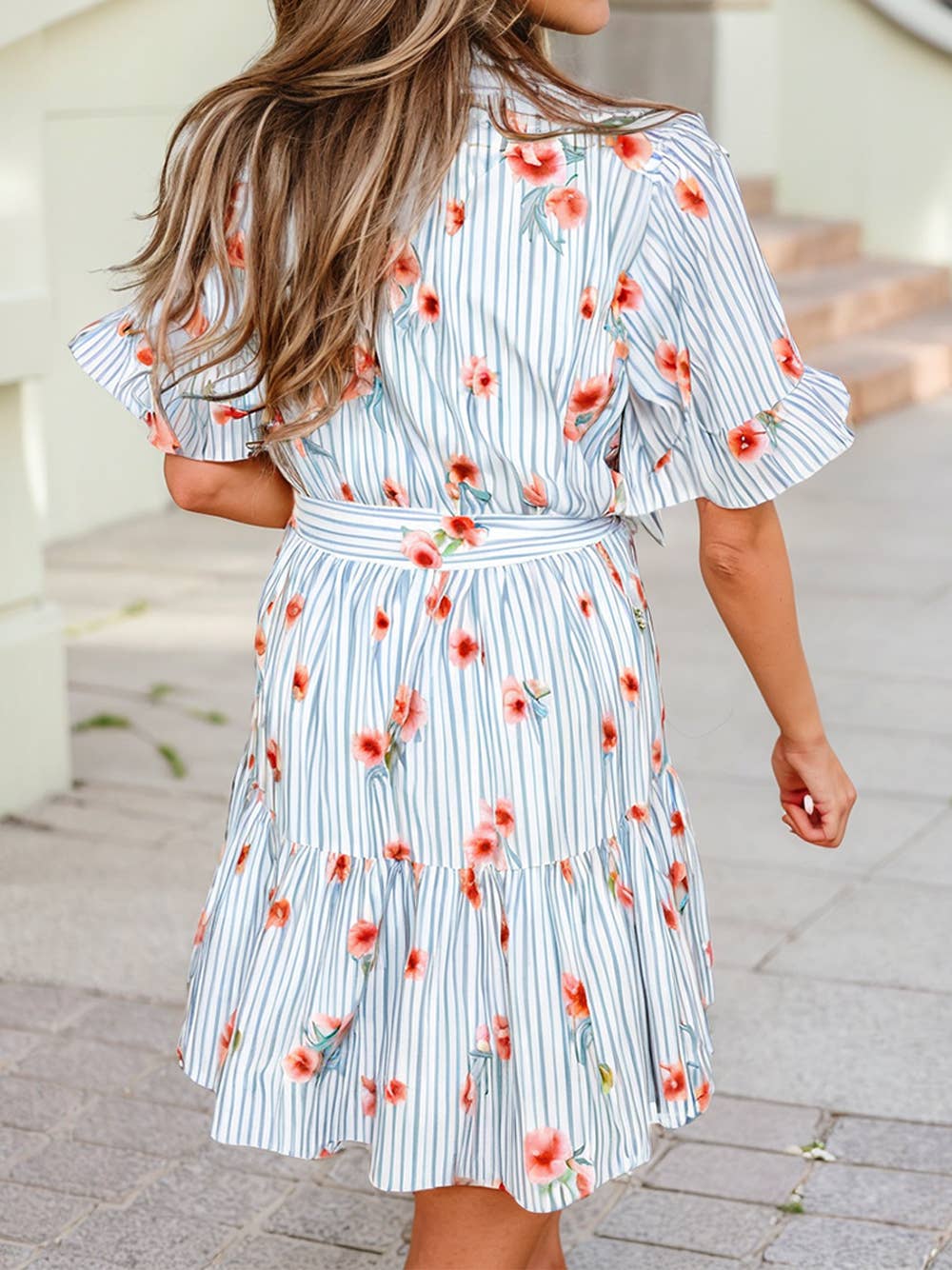 Stripe Floral Embroidery Ruffle Belted Mini Dress