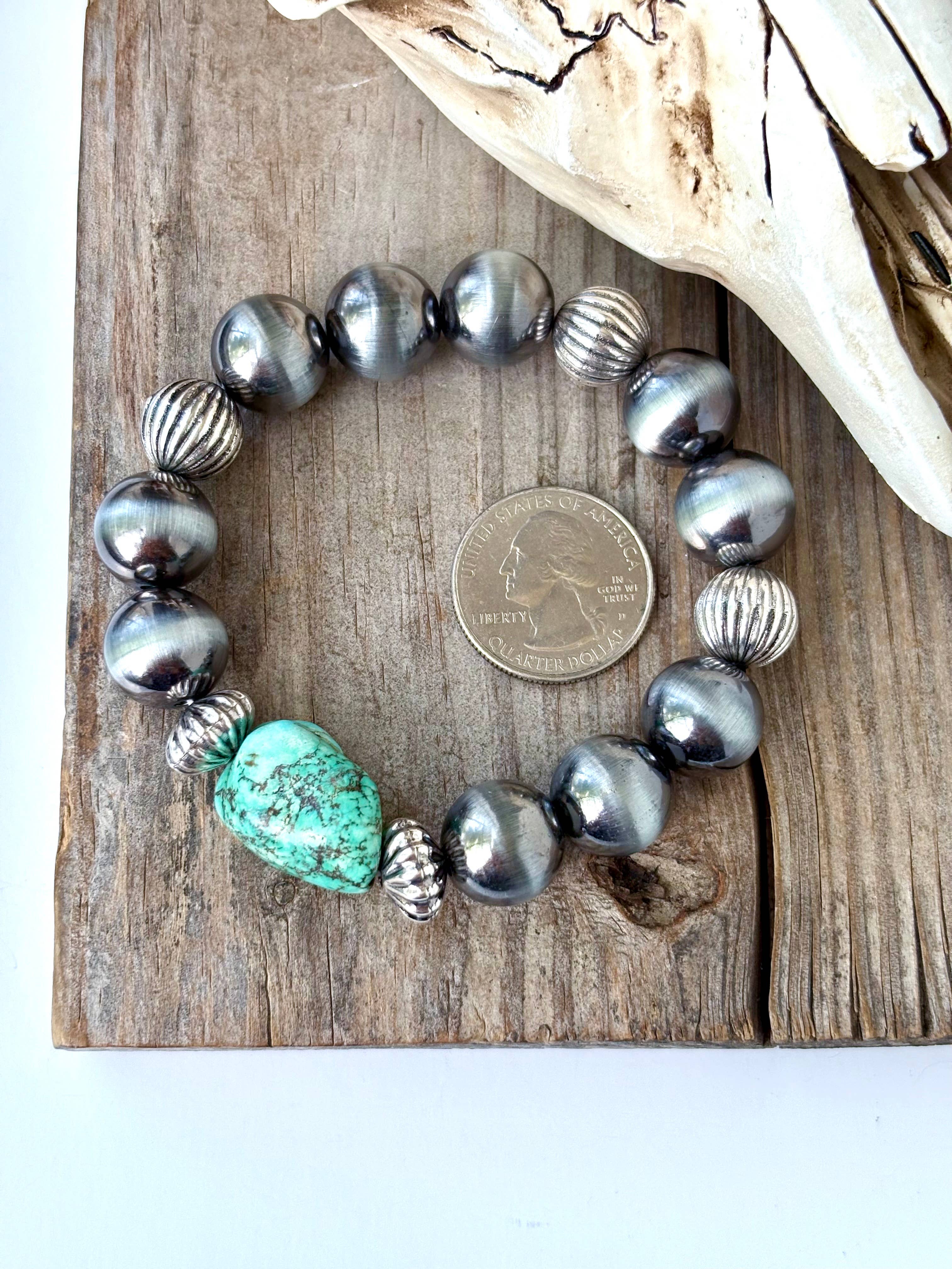 Western Navajo Pearl Stretch Bracelet with Turquoise Stone