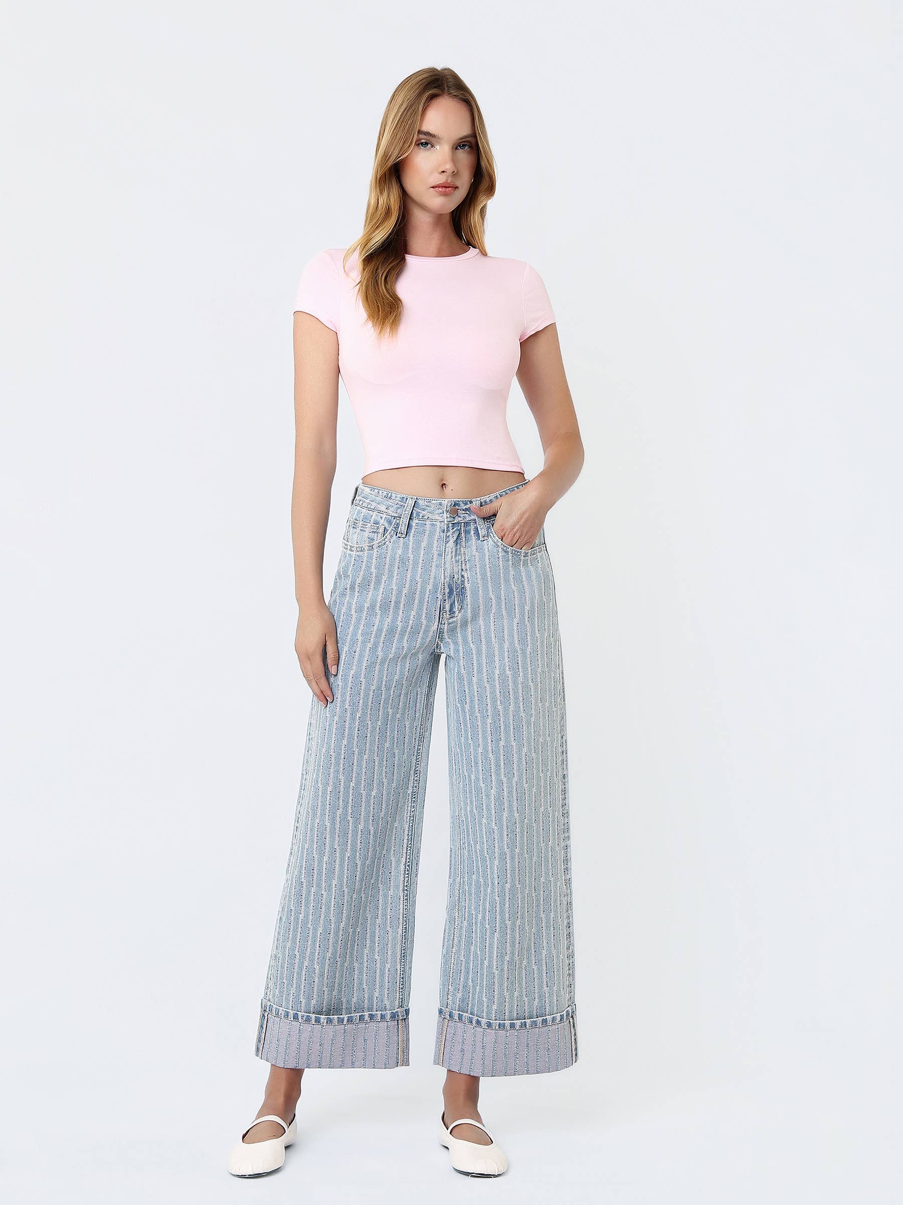 SUPER HIGH RISE CUFFED STRIPED WIDE LEG JEANS
