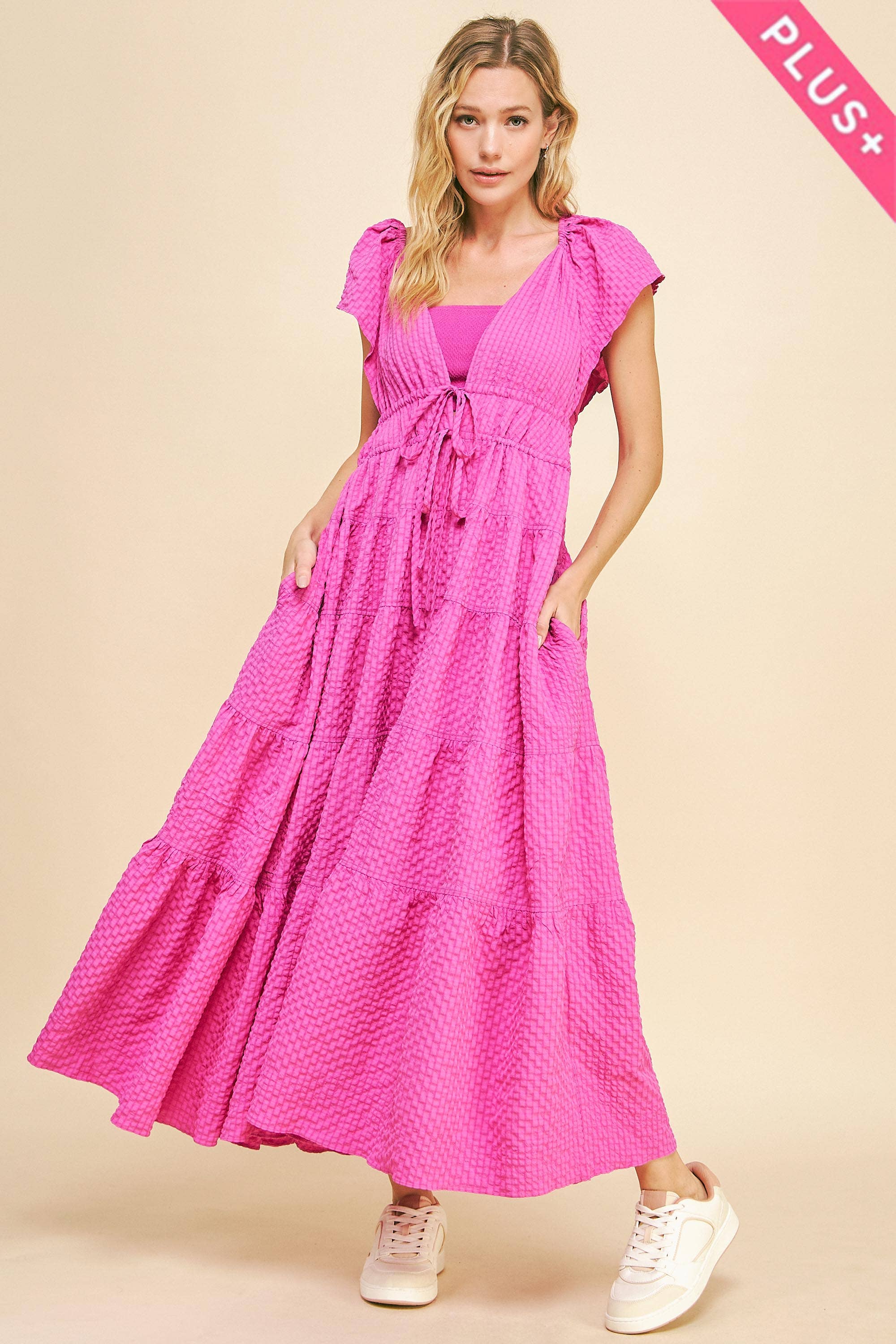 PLUS CRINKLED TEXTURE FLUTTER SHORT SLEEVE DRESS