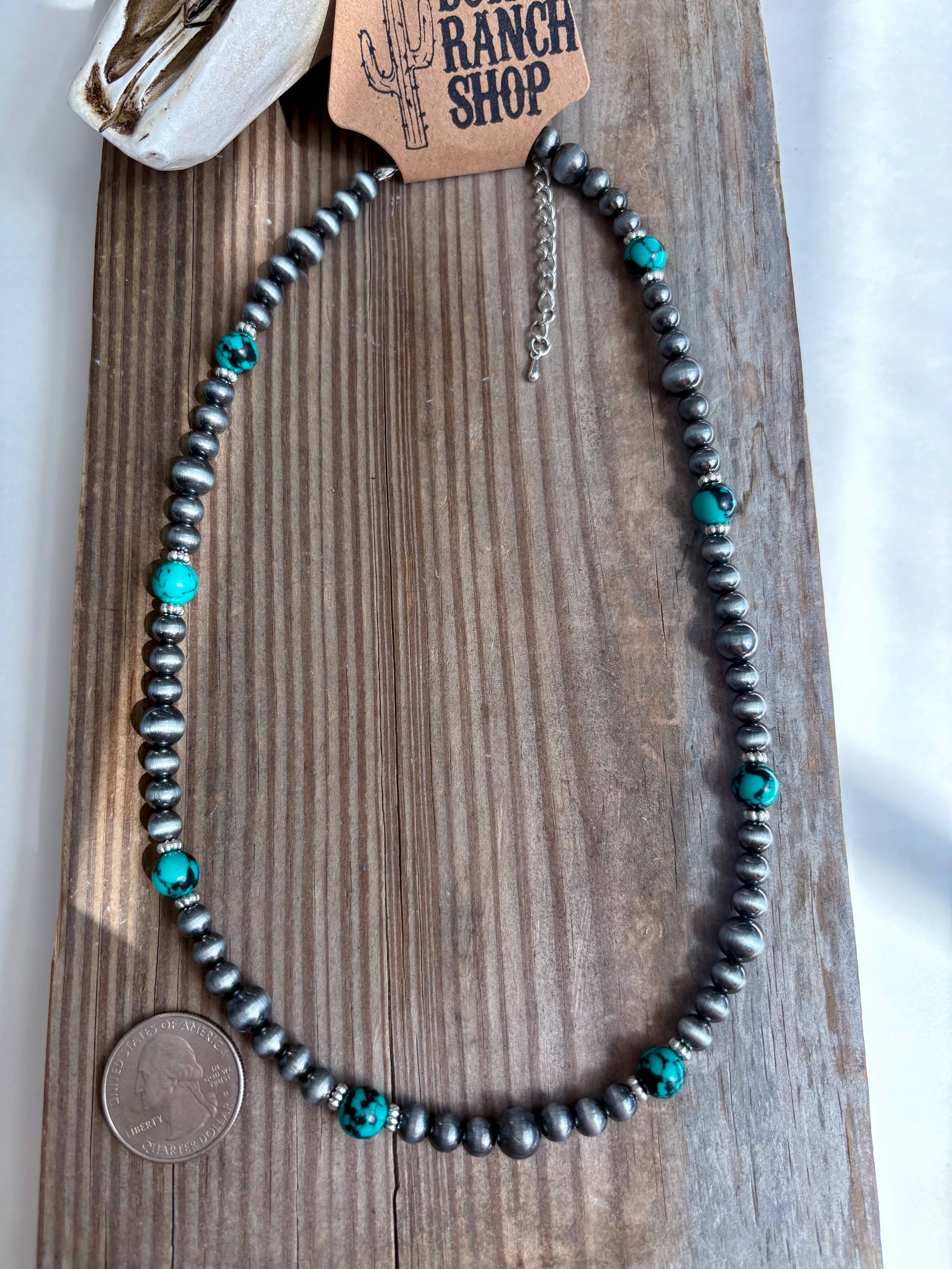Western Navajo Pearl & Turquoise Stone Bead Necklace