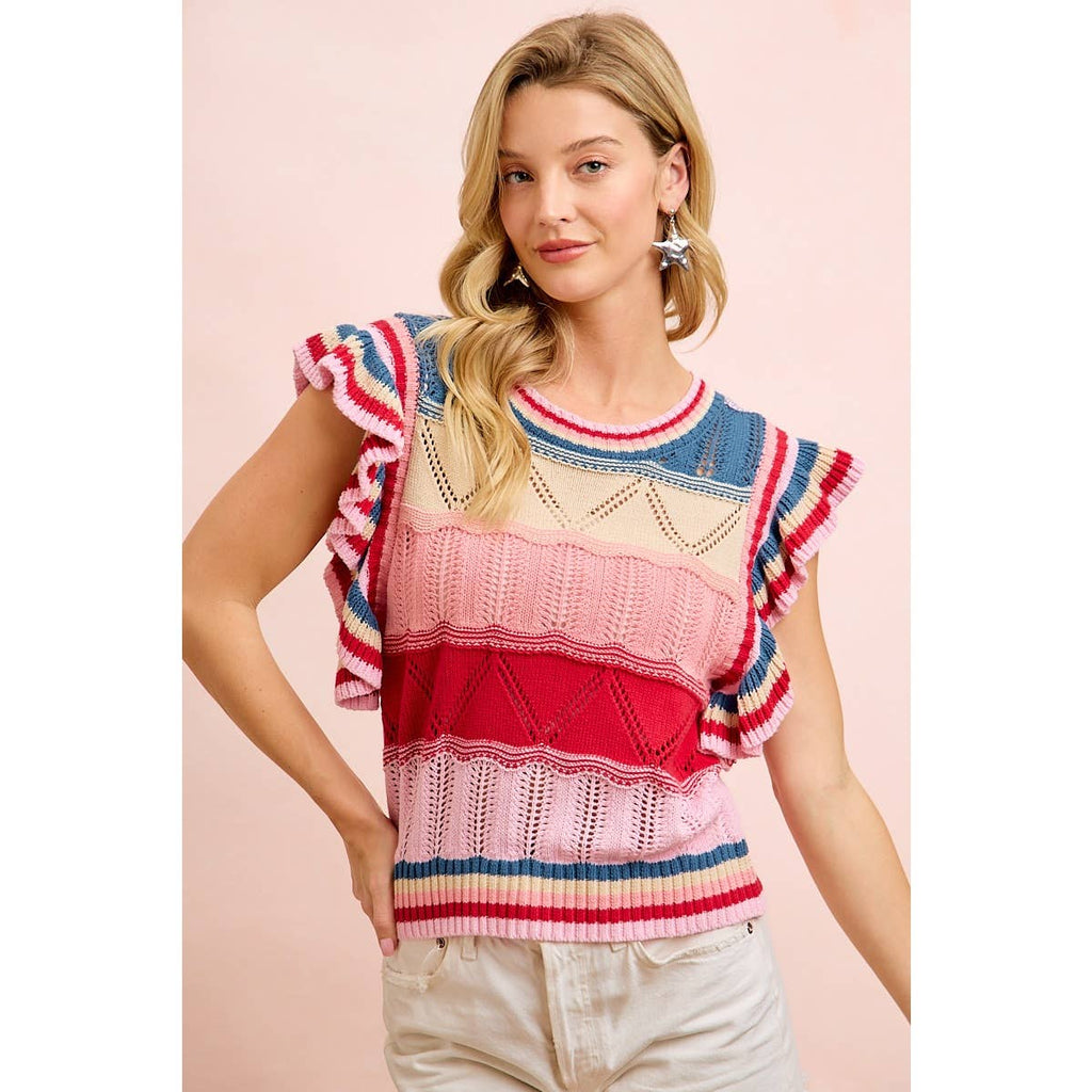 4TH OF JULY THEME MULTI COLORS RUFFLED SLEEVES TOP