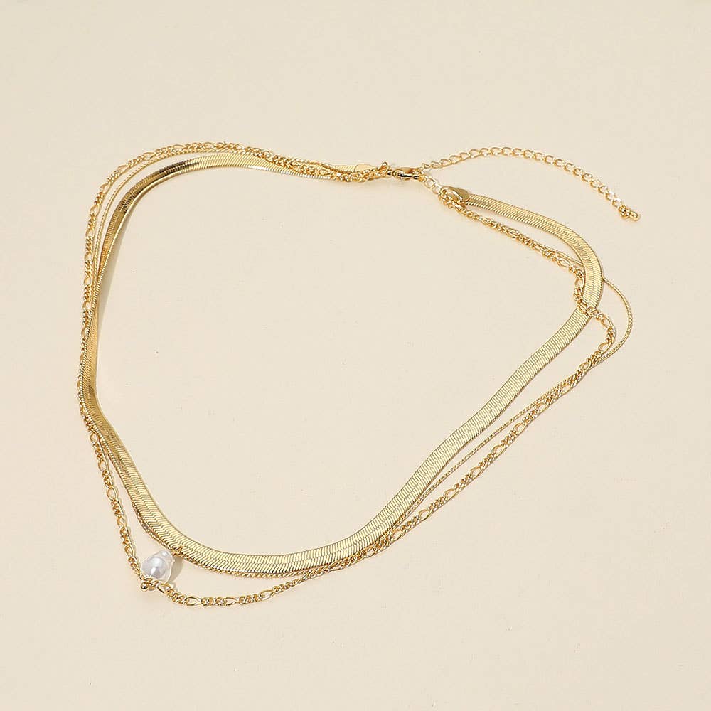 18K Gold Dipped Pearl Accent Herringbone Chain Layered Necklace