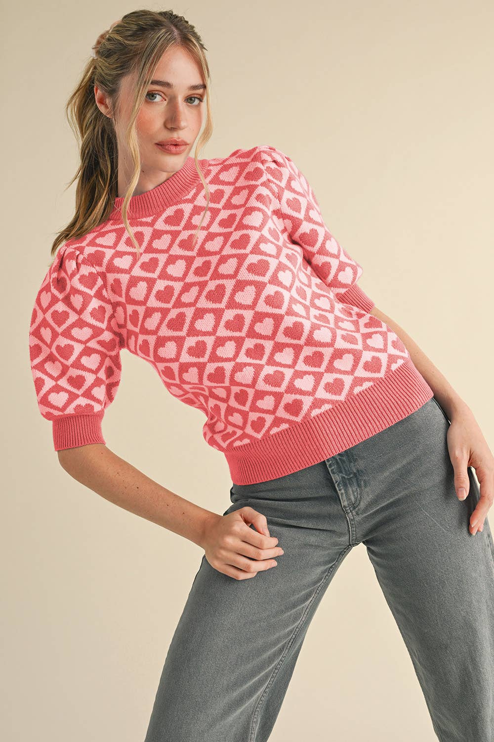 CHECKERED HEART PATTERN SWEATER