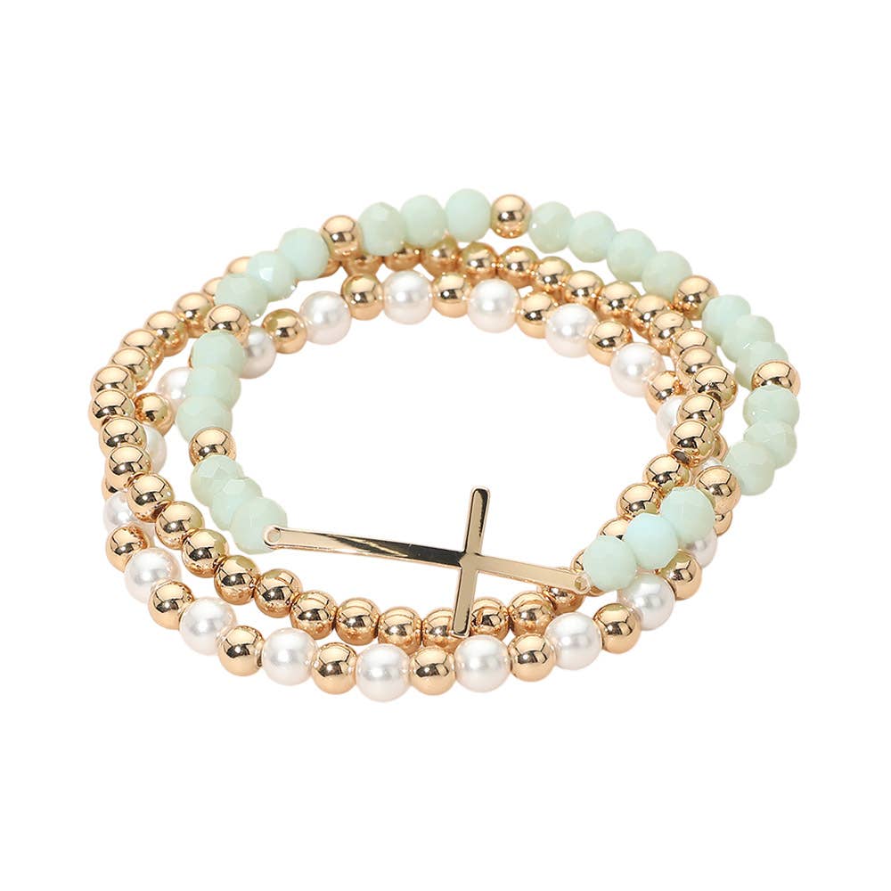 3PCS - Cross Charm Pearl Metal Ball Faceted Beaded Stretch Multi Layered Bracelets