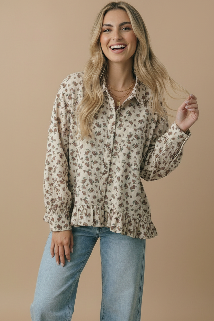 Collared Floral Peplum Hem Babydoll Shirt