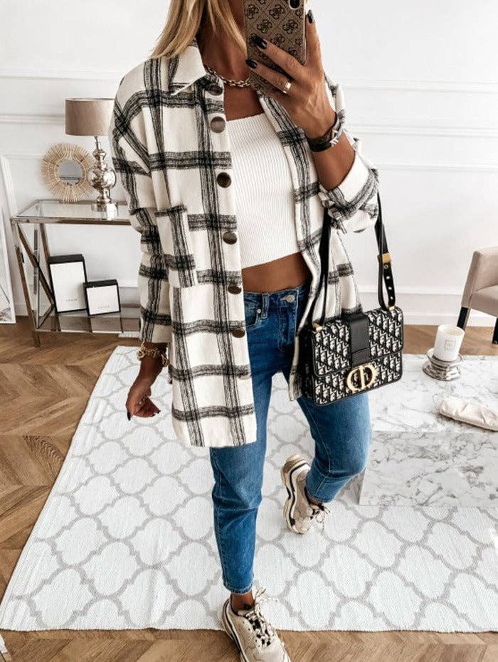 Plaid Wool Blend Shirt Jacket - Oversized Button Down Coat