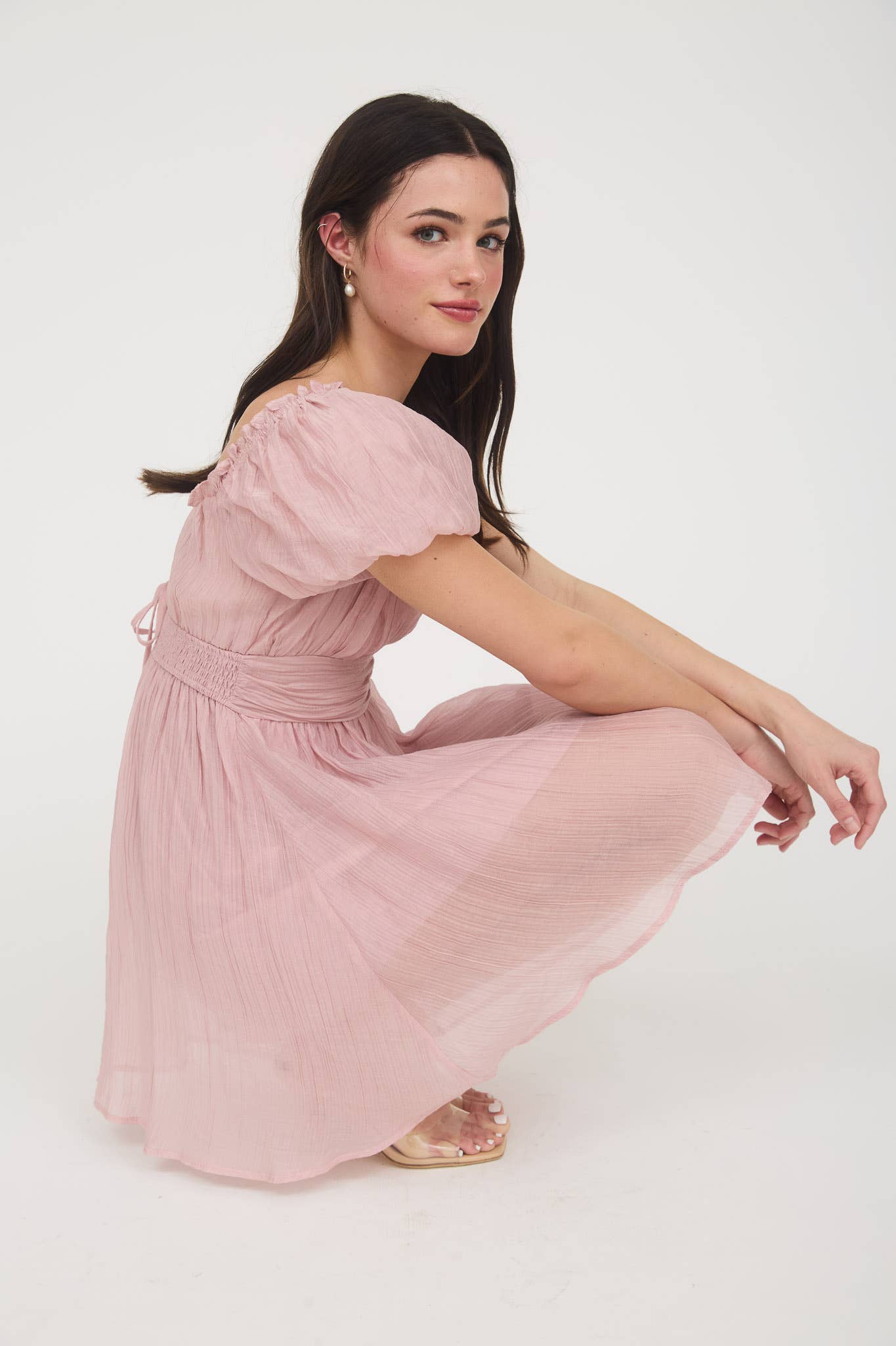 BALLOON SLEEVE RUFFLE TRIM BACK LACE UP MINI DRESS