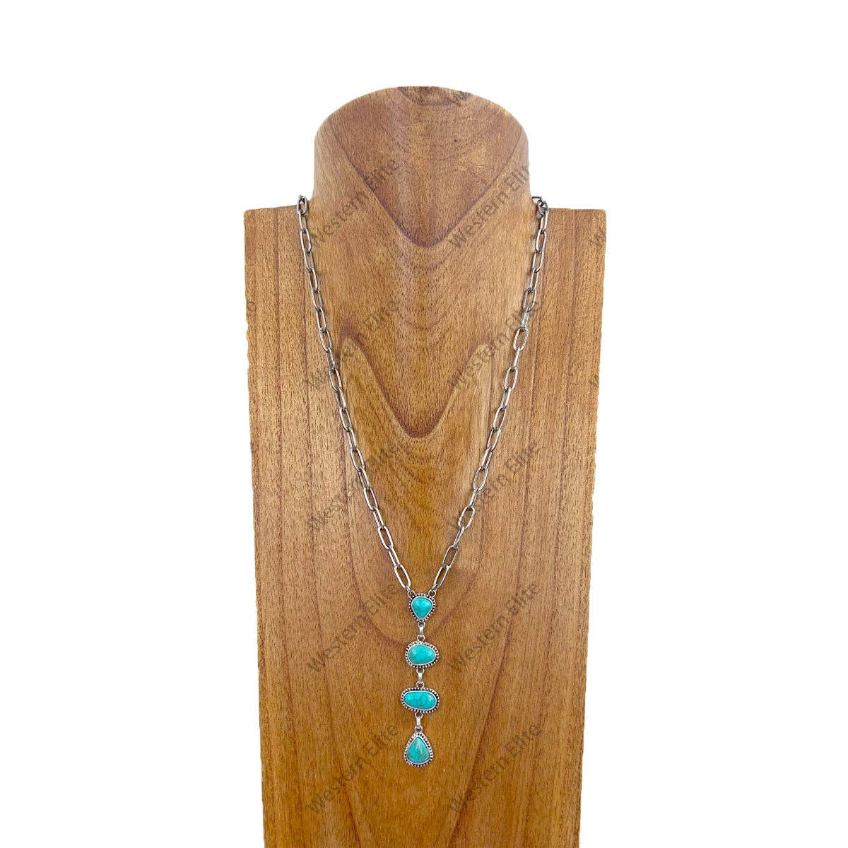 22 inches silver metal chain with four blue turquoise stone teardrops Necklace