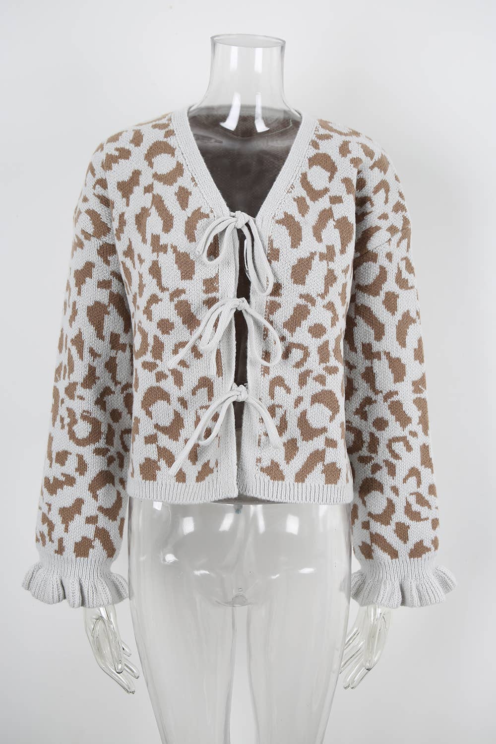 Leopard Knit Cropped Bow Cardigan