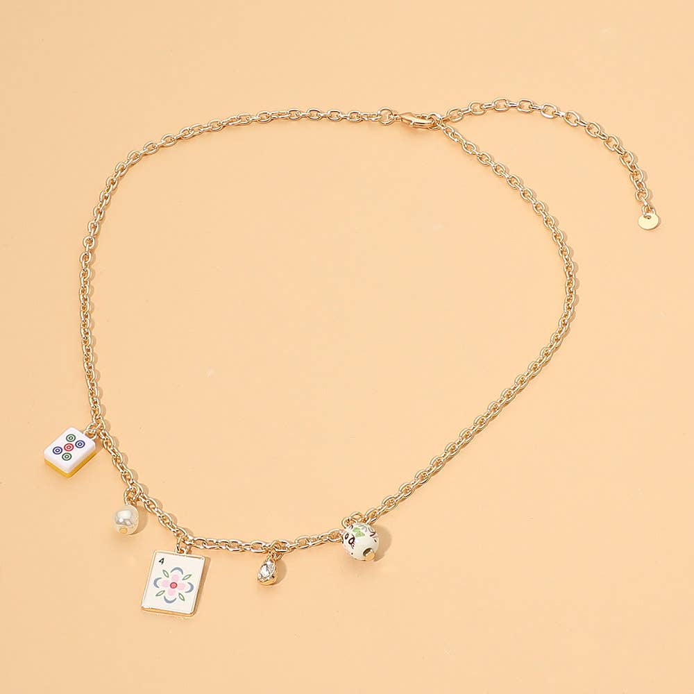 Mahjong Tile Pearl Stone Charm Necklace