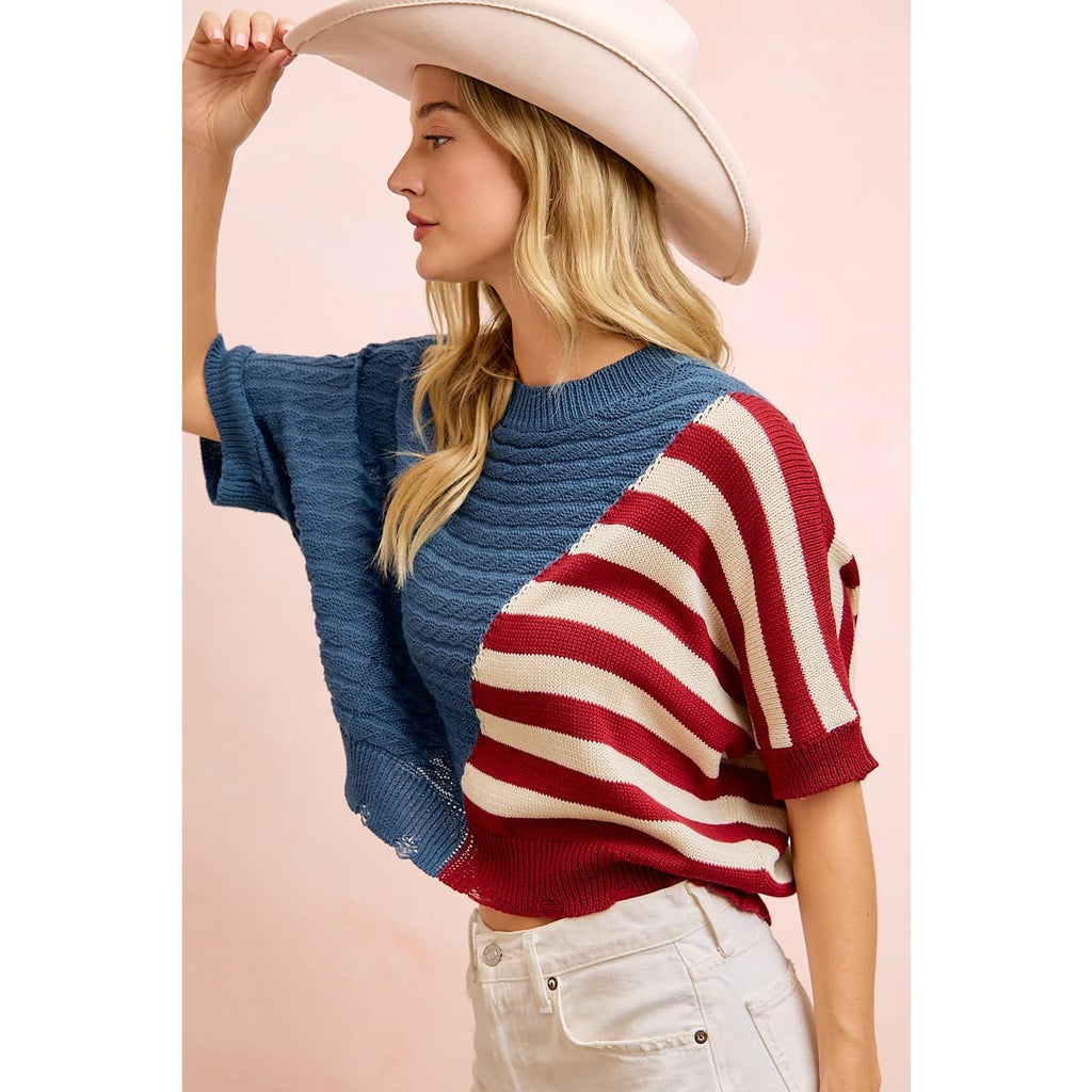 4TH OF JULY DIAGONAL STRIPE BLOCK TEXTURED KNIT TOP