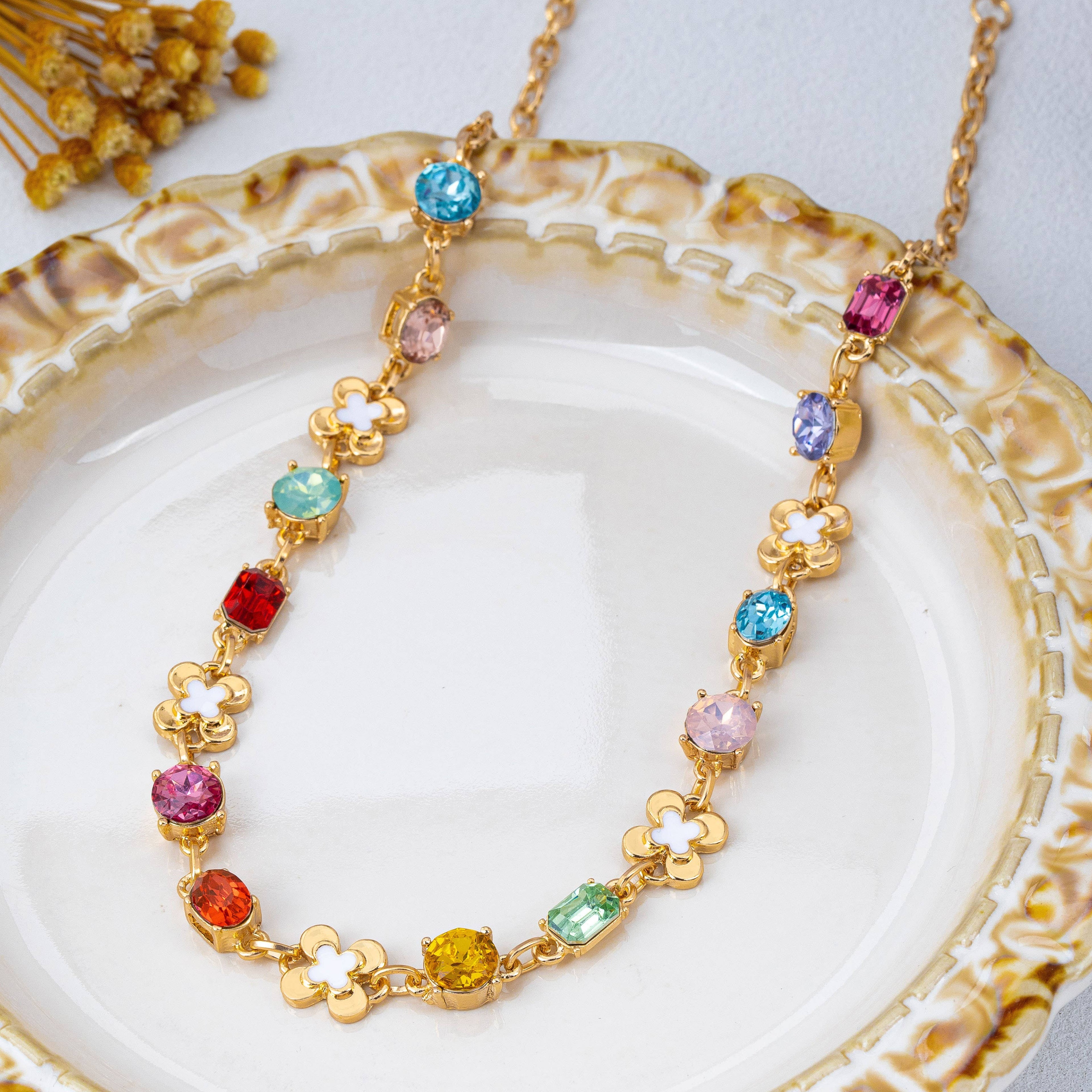 Multi color Gemstone & Enamel Clover Necklace | 80N93261