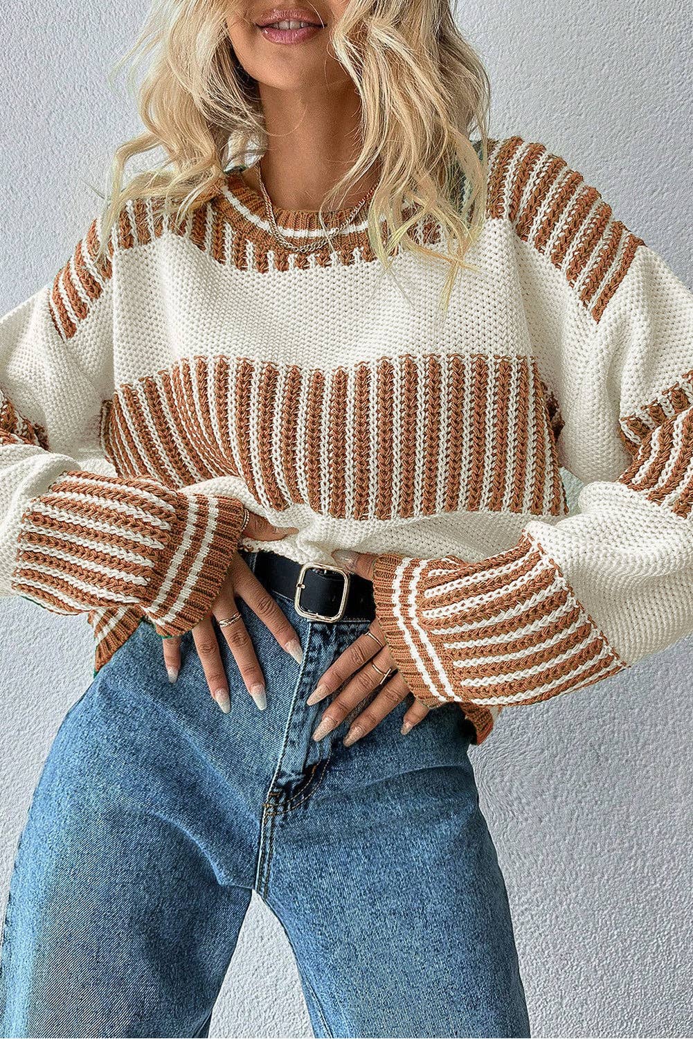 Two Tone Striped Patchwork Drop Shoulder Loose Sweater