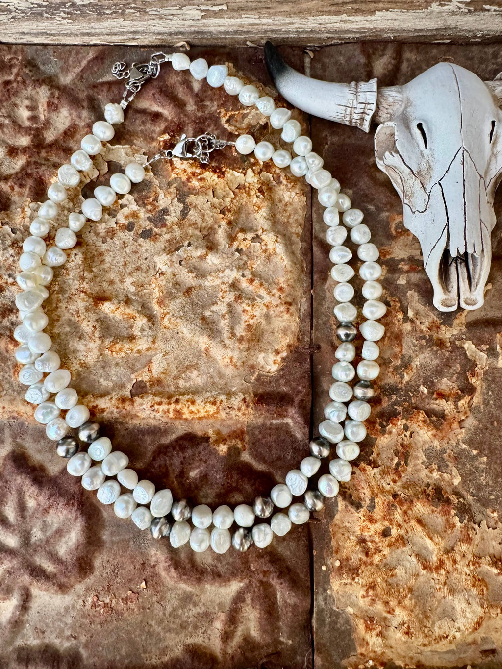 Large Navajo Pearl Necklace/Fresh water Pearl Choker/Boho