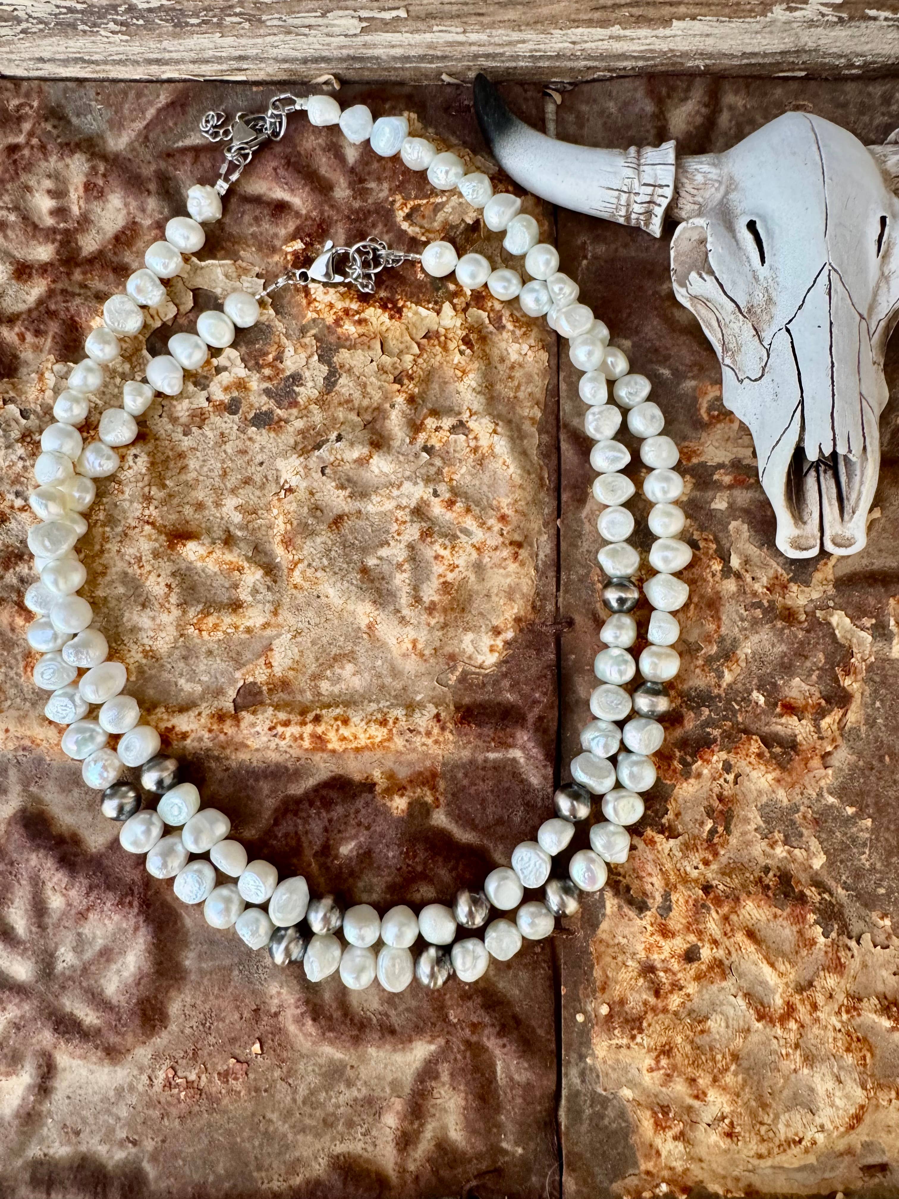 Large Navajo Pearl Necklace/Fresh water Pearl Choker/Boho
