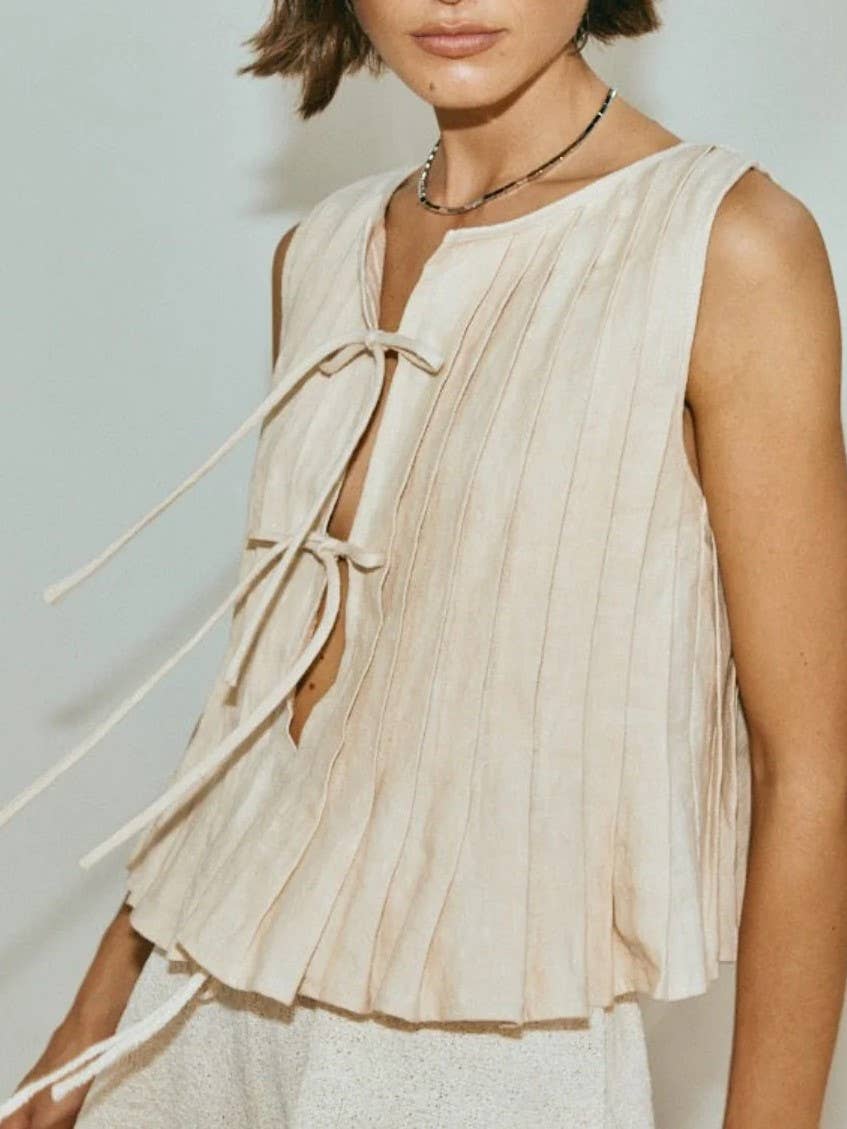 Viral top lace up bow tie front Pleated tank top
