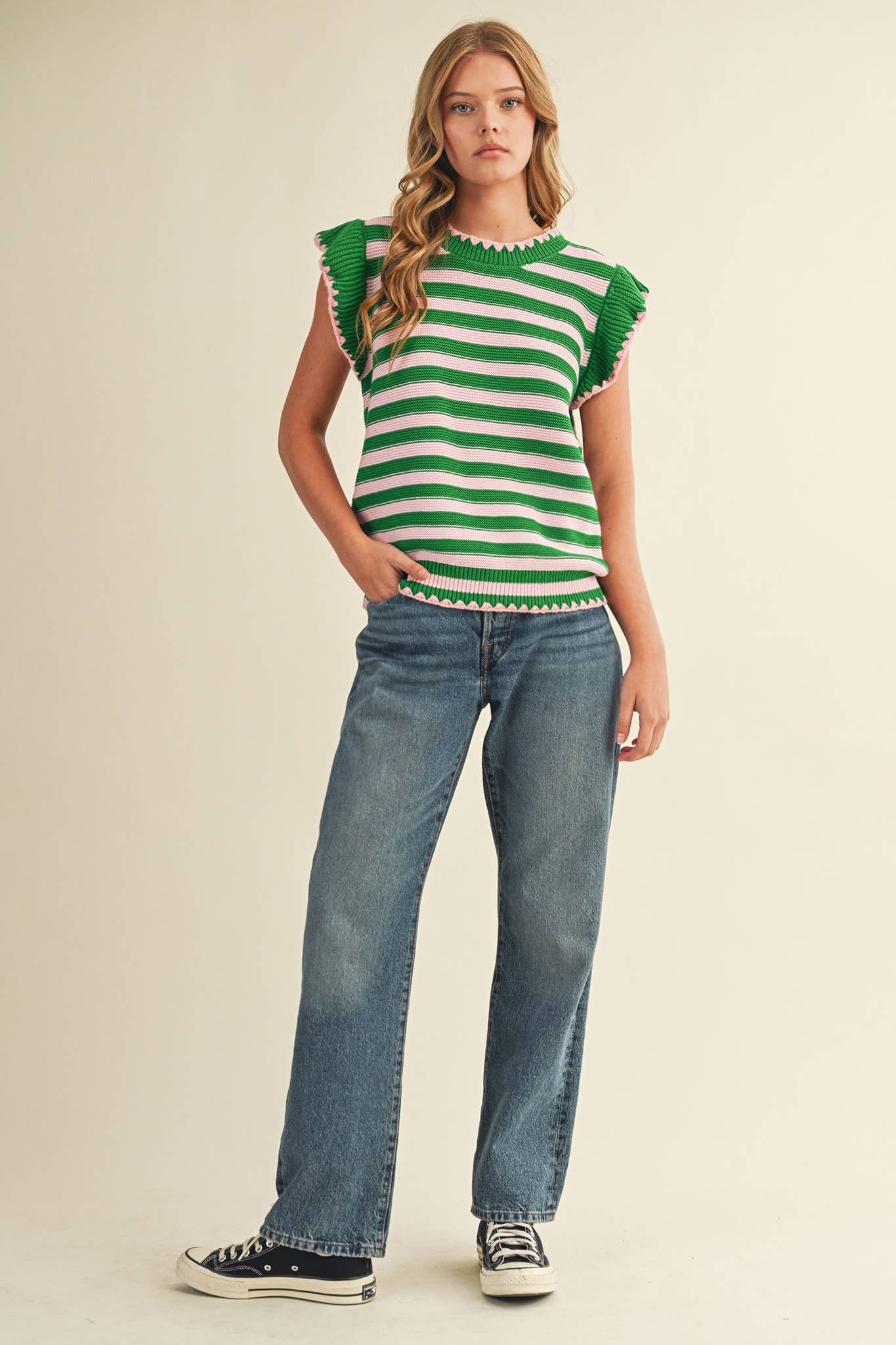 STRIPED FLUTTER SLEEVE SWEATER TOP