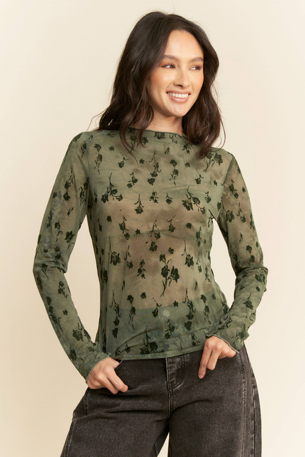 FLORAL MESH LONG SLEEVE SHEER LAYERING TOP