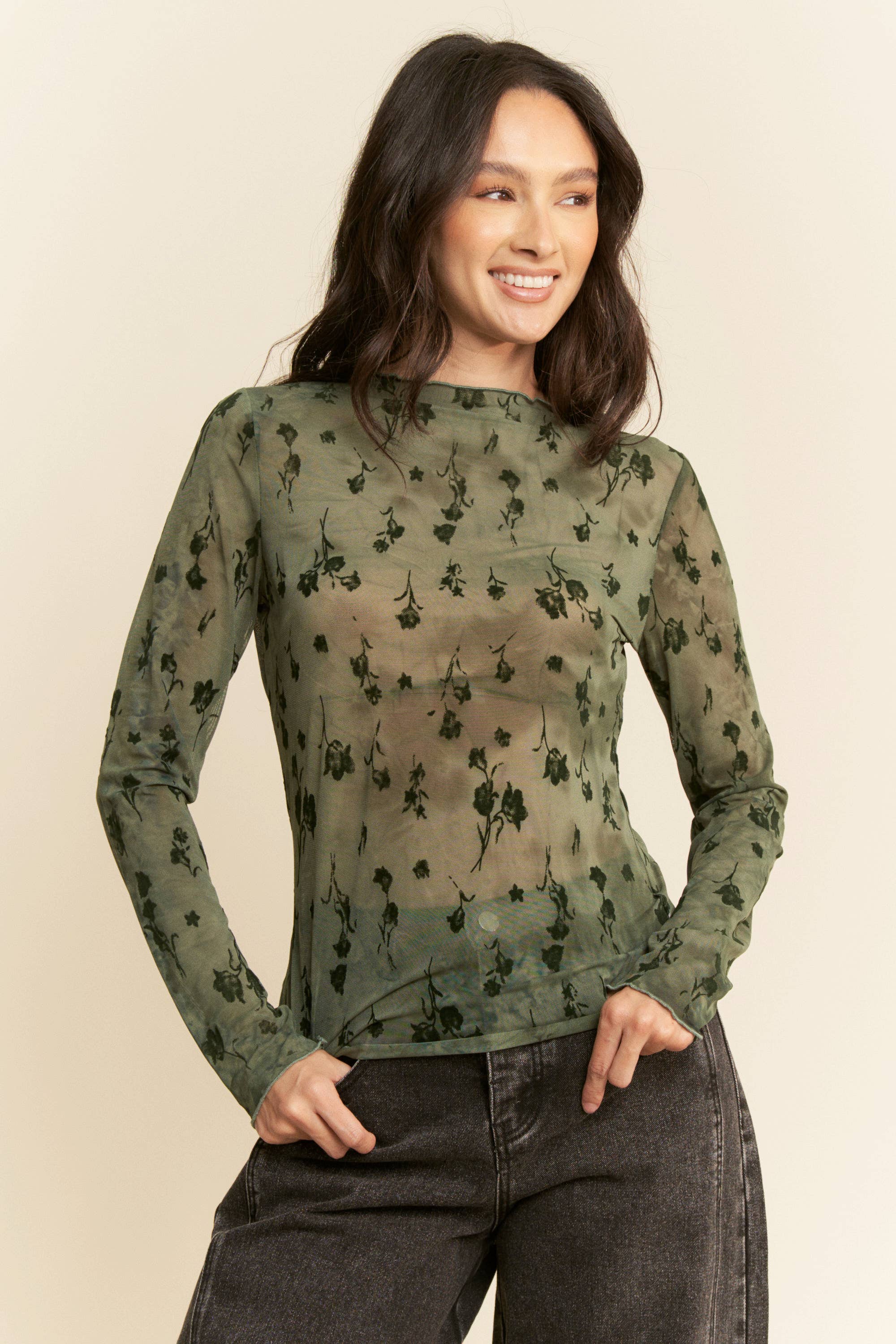 FLORAL MESH LONG SLEEVE SHEER LAYERING TOP