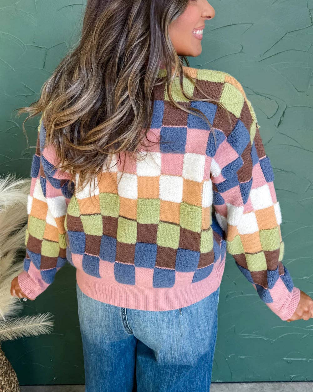 Multicolour Plush Checkered Pattern Button Front Cardigan Sweater