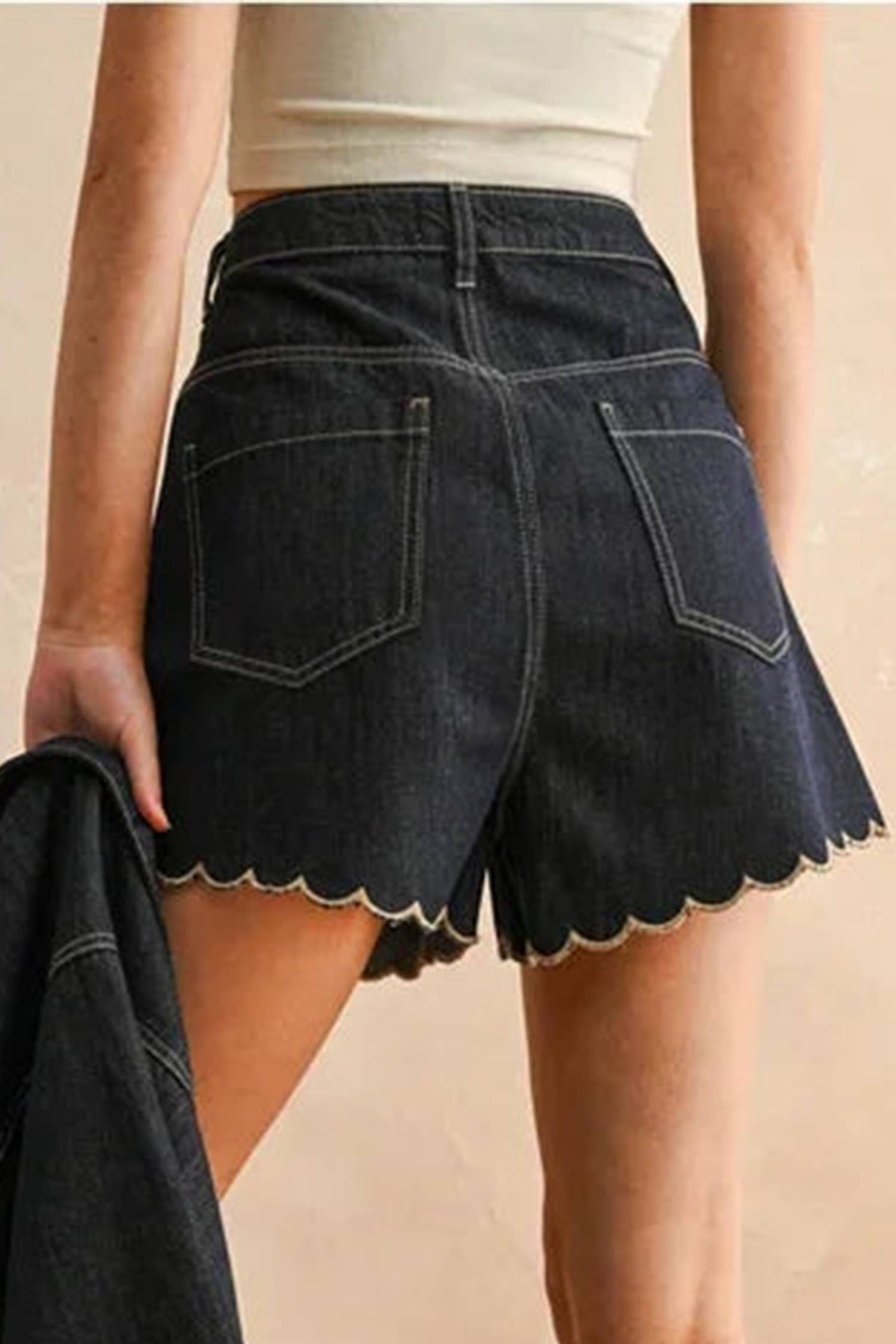 Embroidered Scalloped Trim Relaxed Denim Shorts
