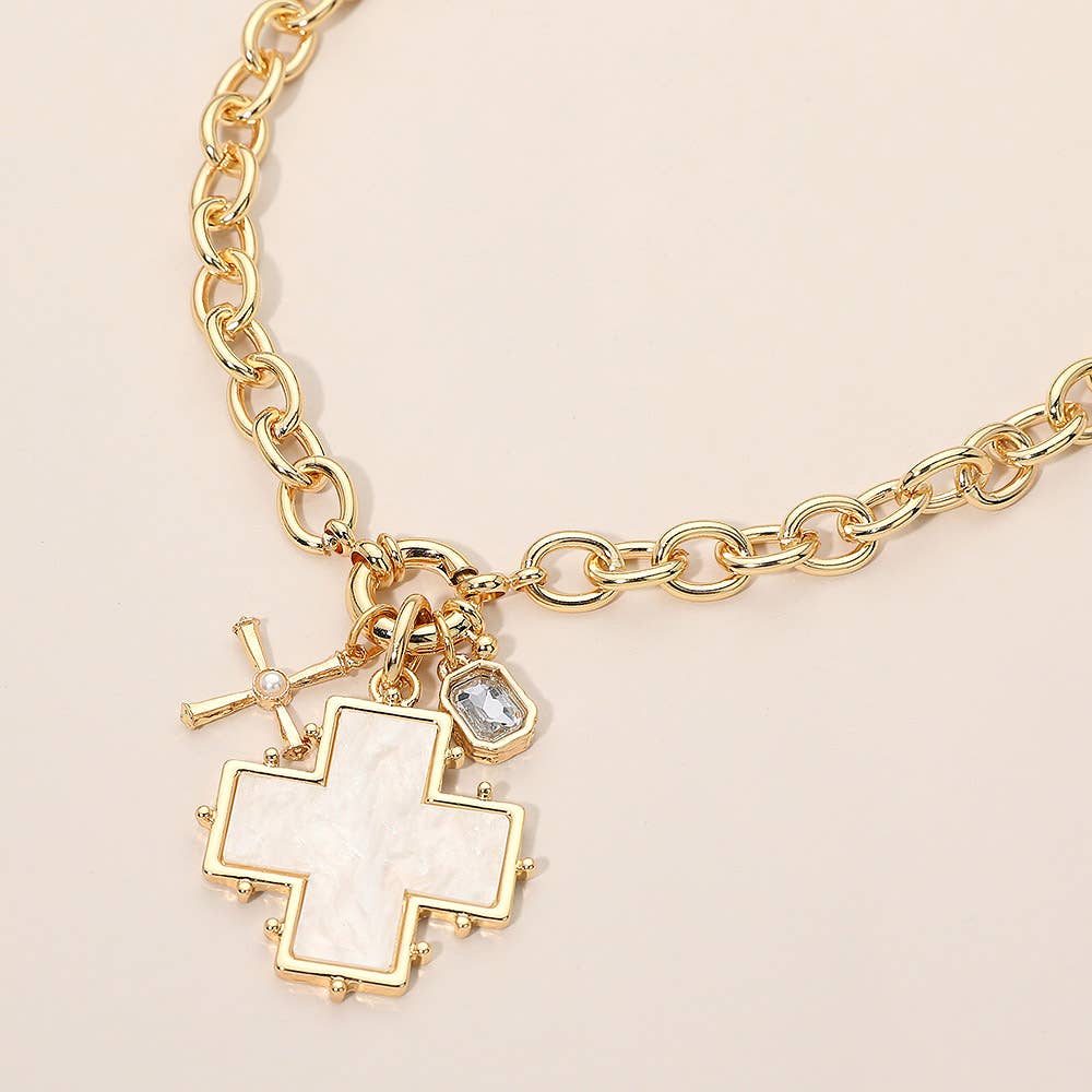 Bold Cross Rectangular Stone Frame Charm Pendant Chunky Chain Necklace