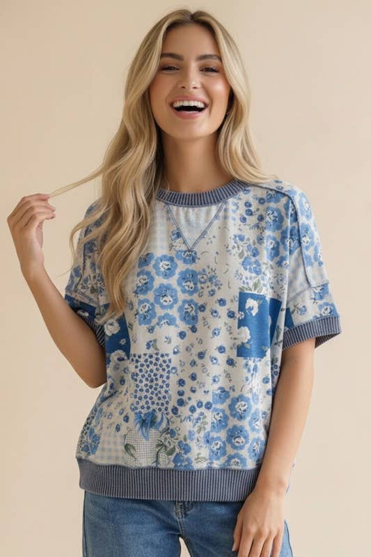 Plus Floral Patchwork Top With Triangle Detail