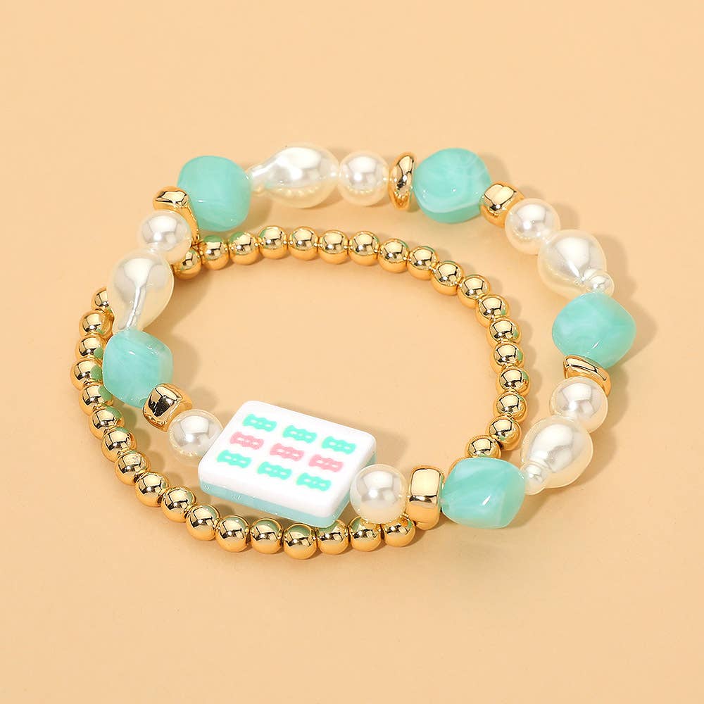 2PCS - Mahjong Tile Pearl Beaded Stretch Multi Layered Bracelets