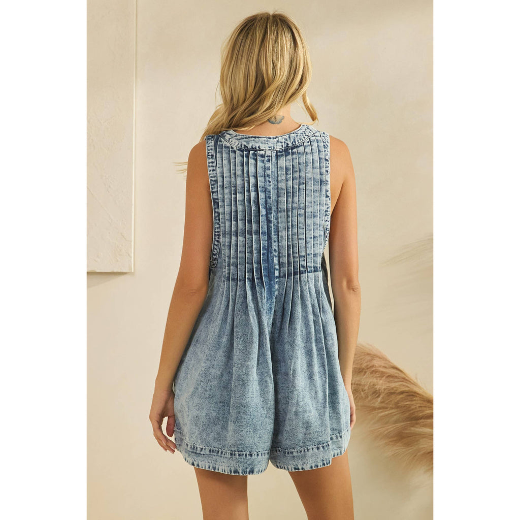 Pleated Rhinestone Denim Romper