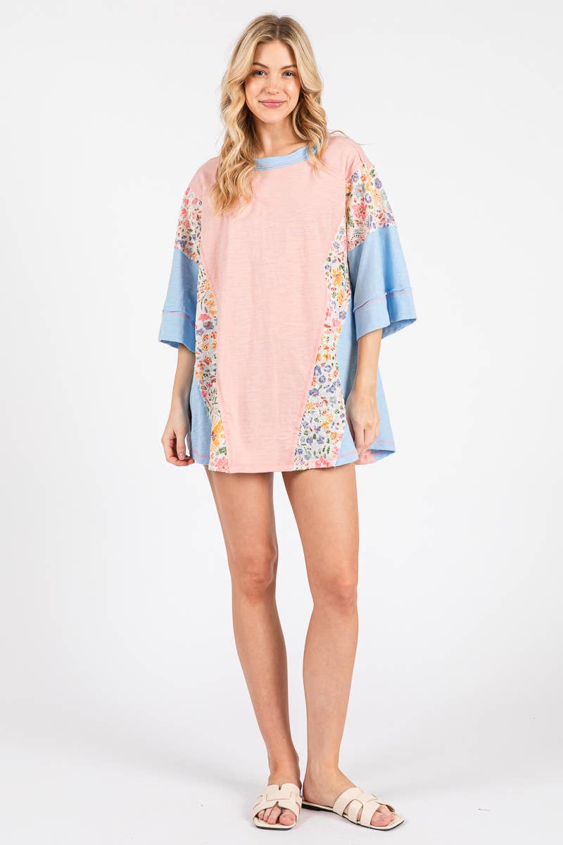 WASHED FLORAL PATCHWORK OVERSIZED CONTRAST TEE