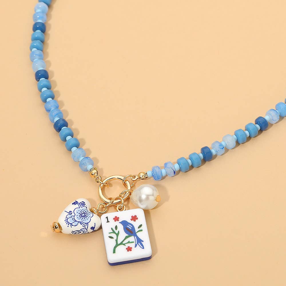 Mahjong Tile Charm Pearl Floral Bead Ball Charm Pendant Beaded Necklace