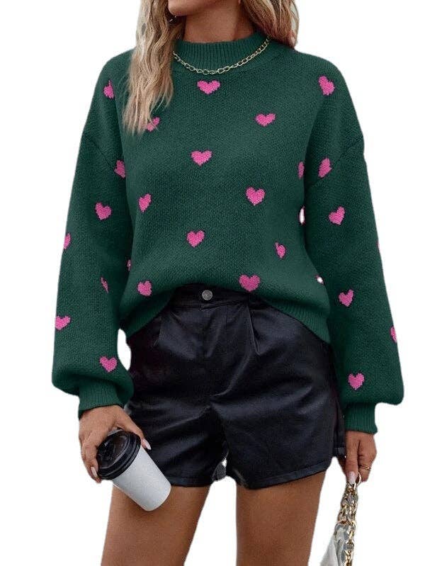 Valentine Heart Print Loose Knit Pullover Sweater