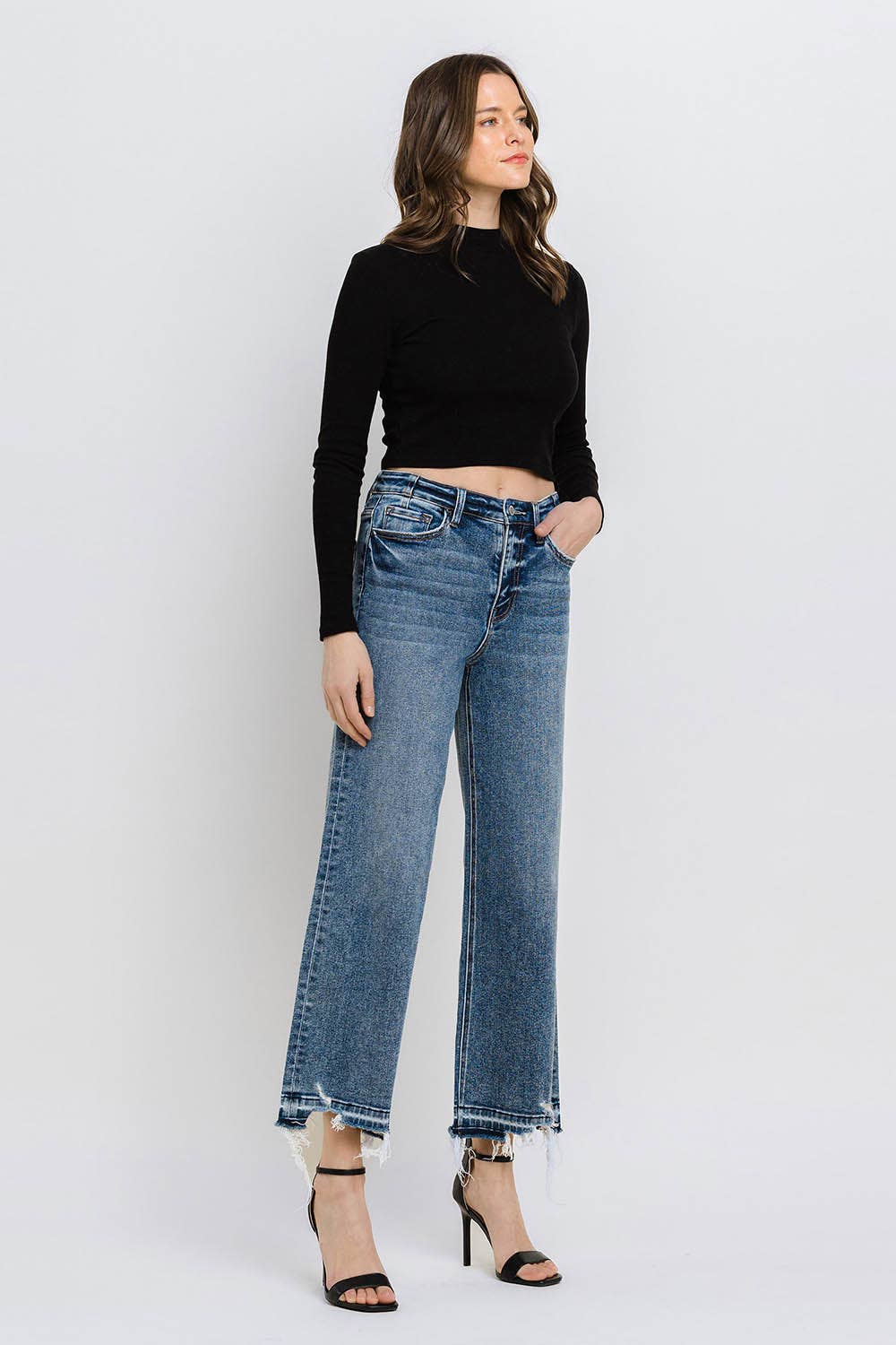 SUPER HIGH RISE UNEVEN RAW HEM CROP WIDE JEANS F5426