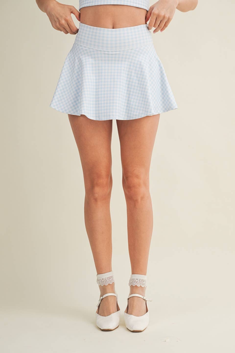 Gingham Print Mini Circle Skort with Bow Back and Lace Trim