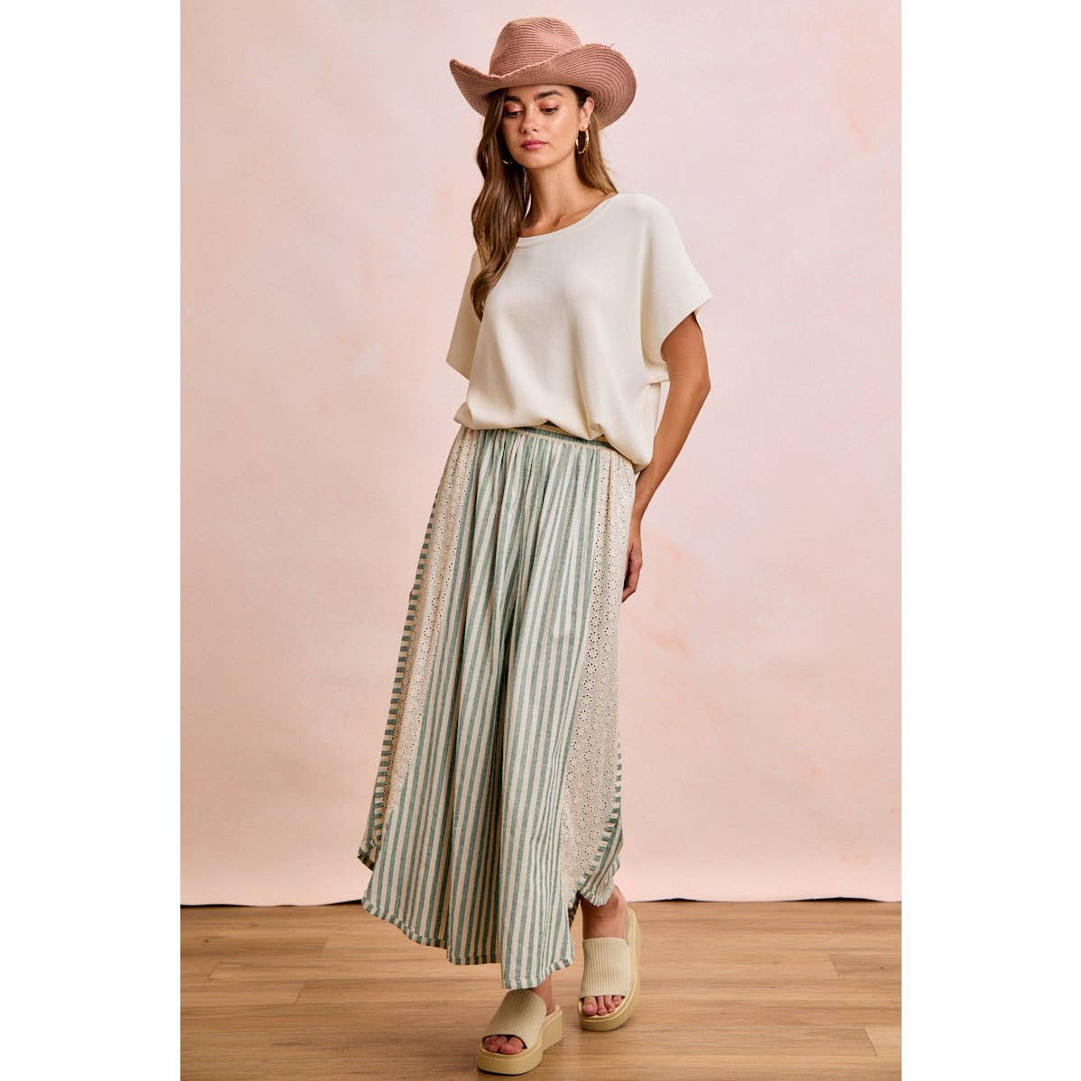 FLORAL EYELET SIDE ELASTIC STRIPES WIDE LEG PANTS