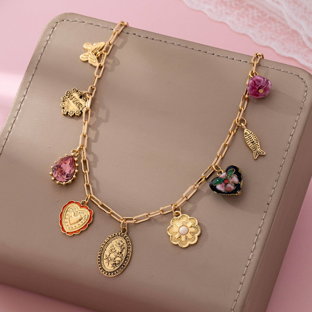 Heart Cloisonne Multi Charm Necklace