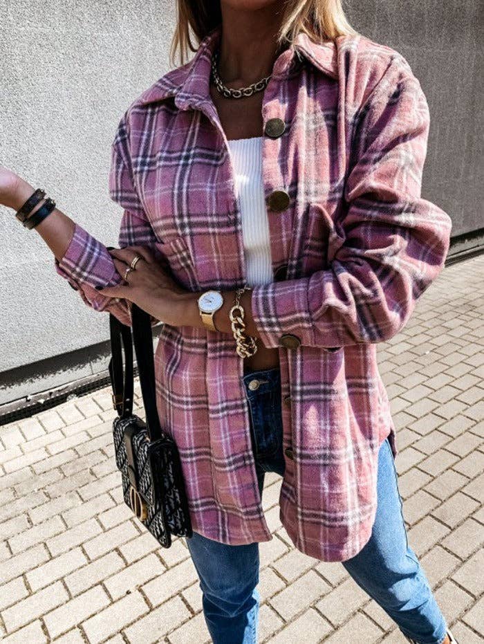 Plaid Wool Blend Shirt Jacket - Oversized Button Down Coat