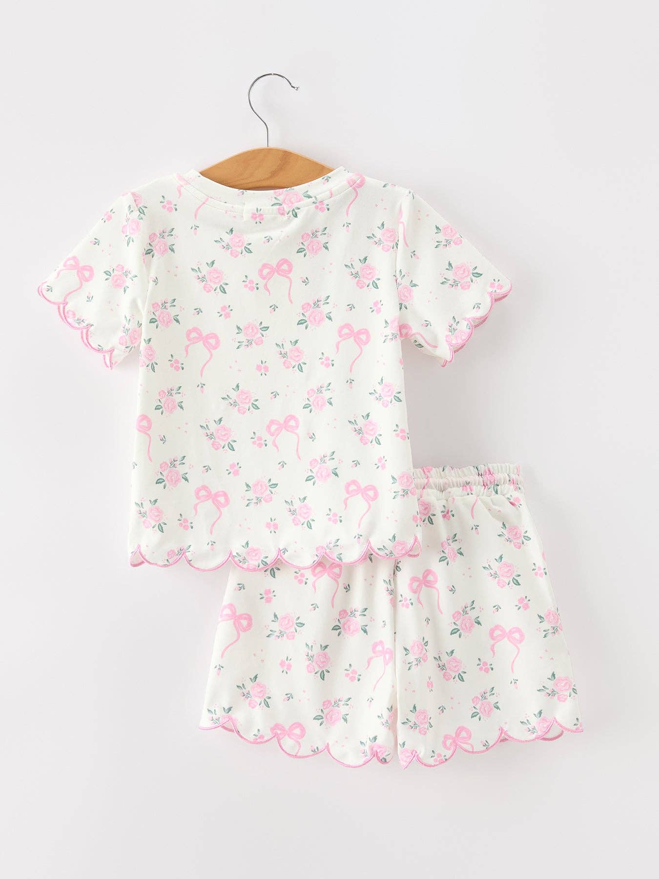 Rose Bow Girl Short Set Scallop Hem