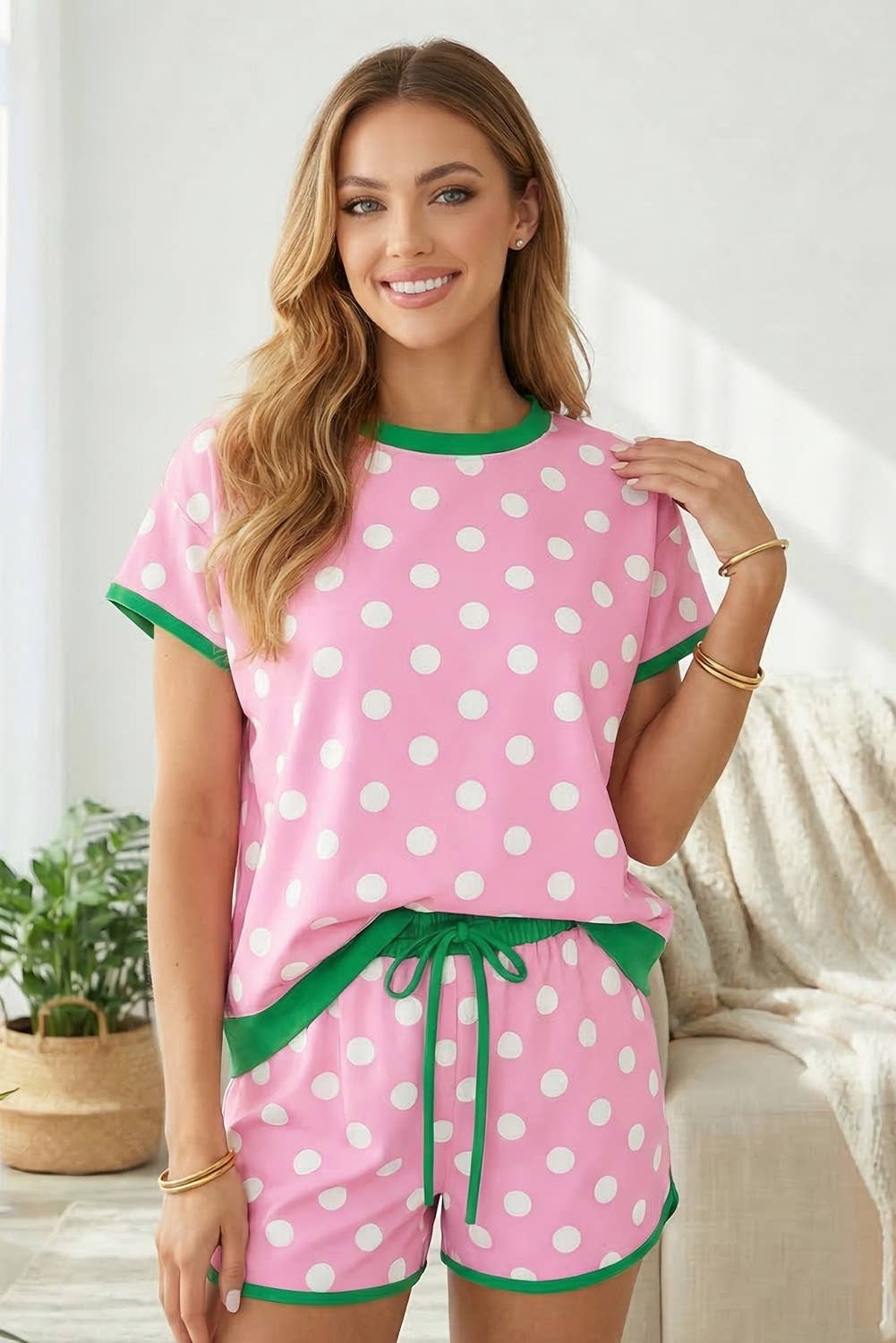 Polka Dot Contrast Edge Casual Short Set