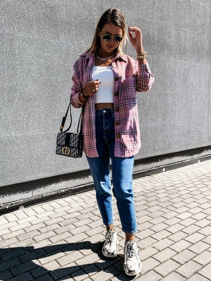 Plaid Wool Blend Shirt Jacket - Oversized Button Down Coat