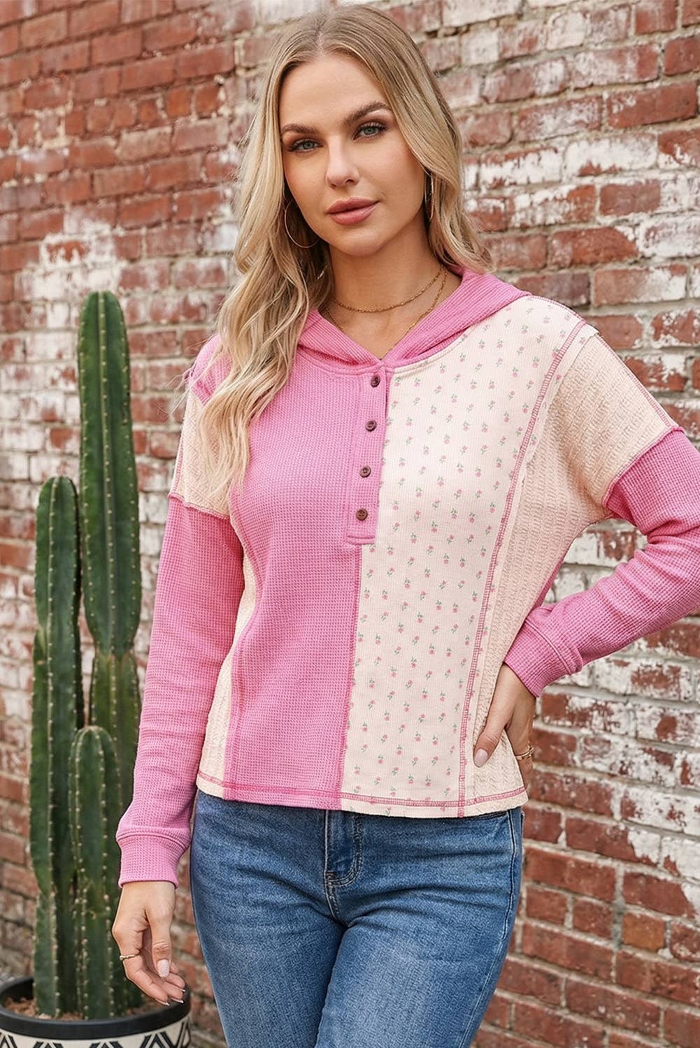 Pink Texture Floral Patched Hooded Oversize Pullover